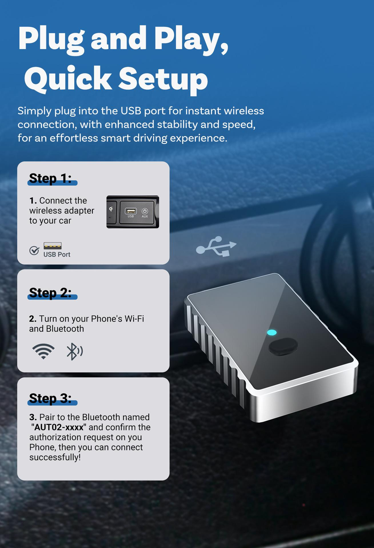 Das Bild zeigt die Einrichtungsschritte für einen drahtlosen Adapter. Enthält Adapter, USB-Anschluss, WLAN/Bluetooth-Symbole und Kopplungsanweisungen.