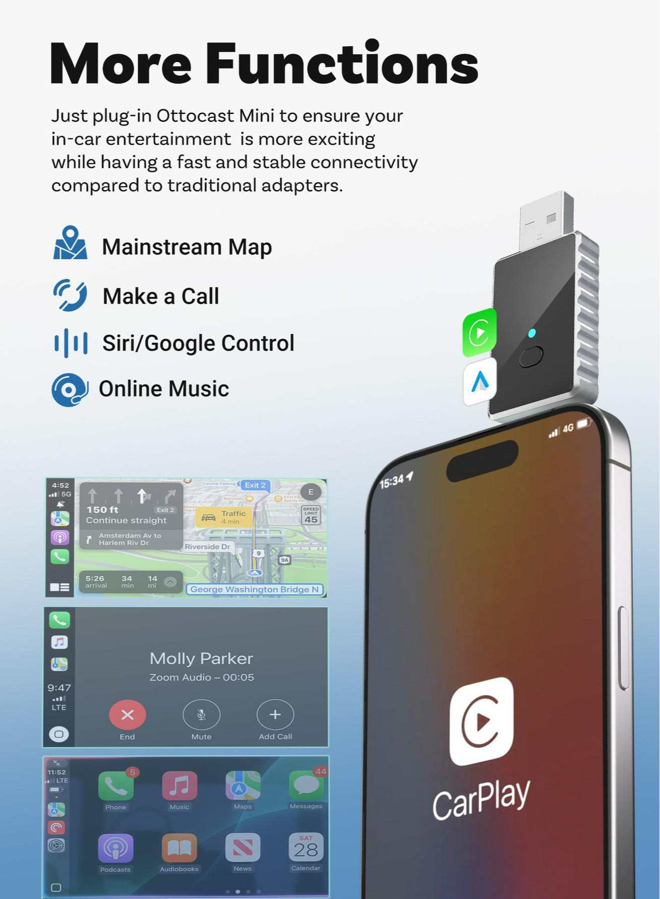 Das Bild zeigt ein Telefon mit CarPlay. Ein USB-Adapter ist eingesteckt. Das Telefon zeigt eine Karte und einen Anrufbildschirm.