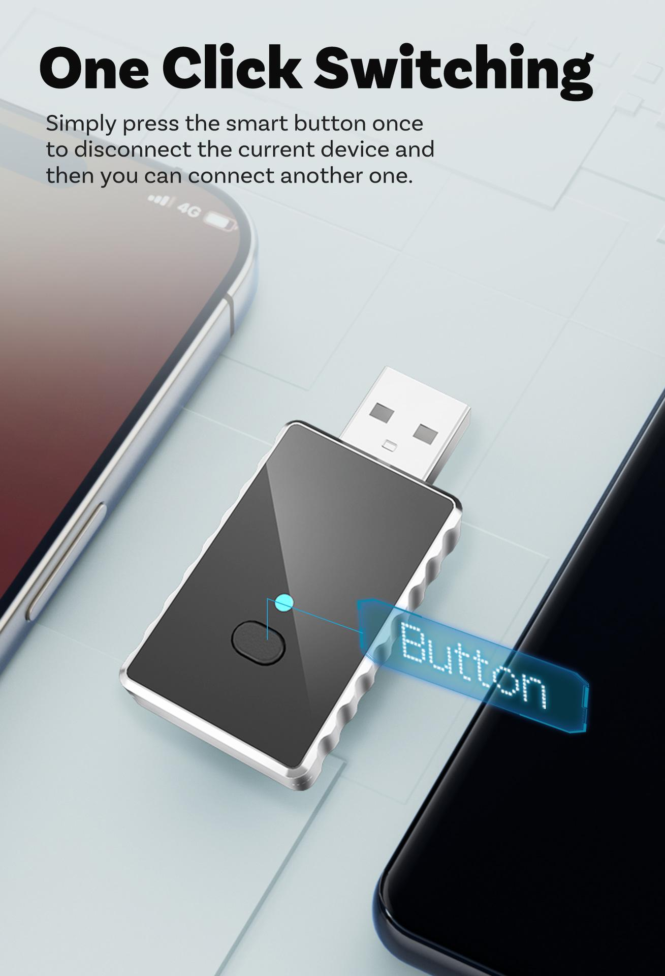 Ein USB-Gerät mit Knopf, verbunden mit einem Smartphone. Text zeigt eine intelligente Taste zum Umschalten an.