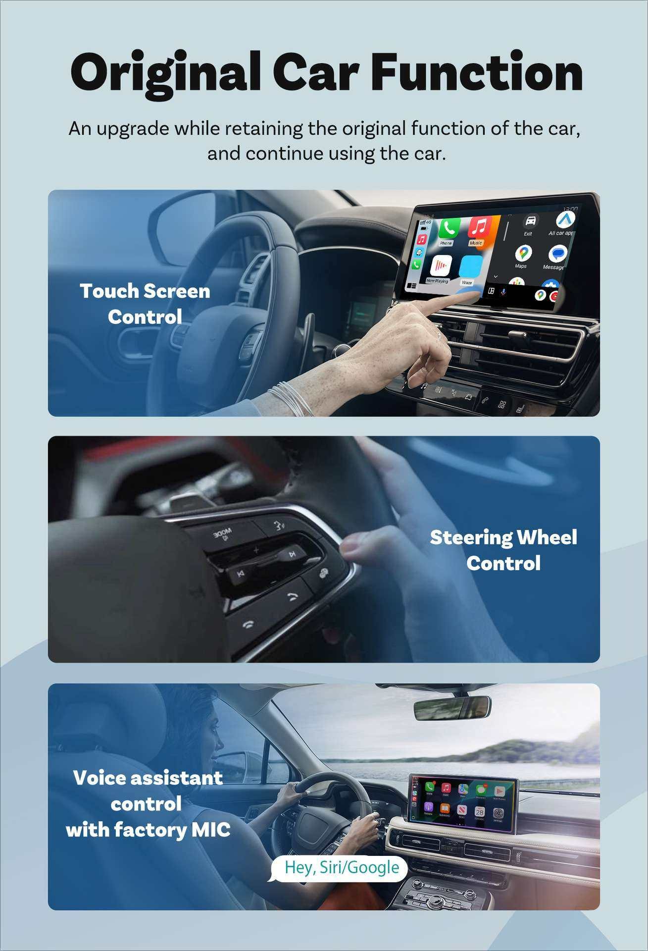Das Bild zeigt den Innenraum eines Autos mit Touchscreen, Lenkrad und Sprachsteuerungsfunktionen.