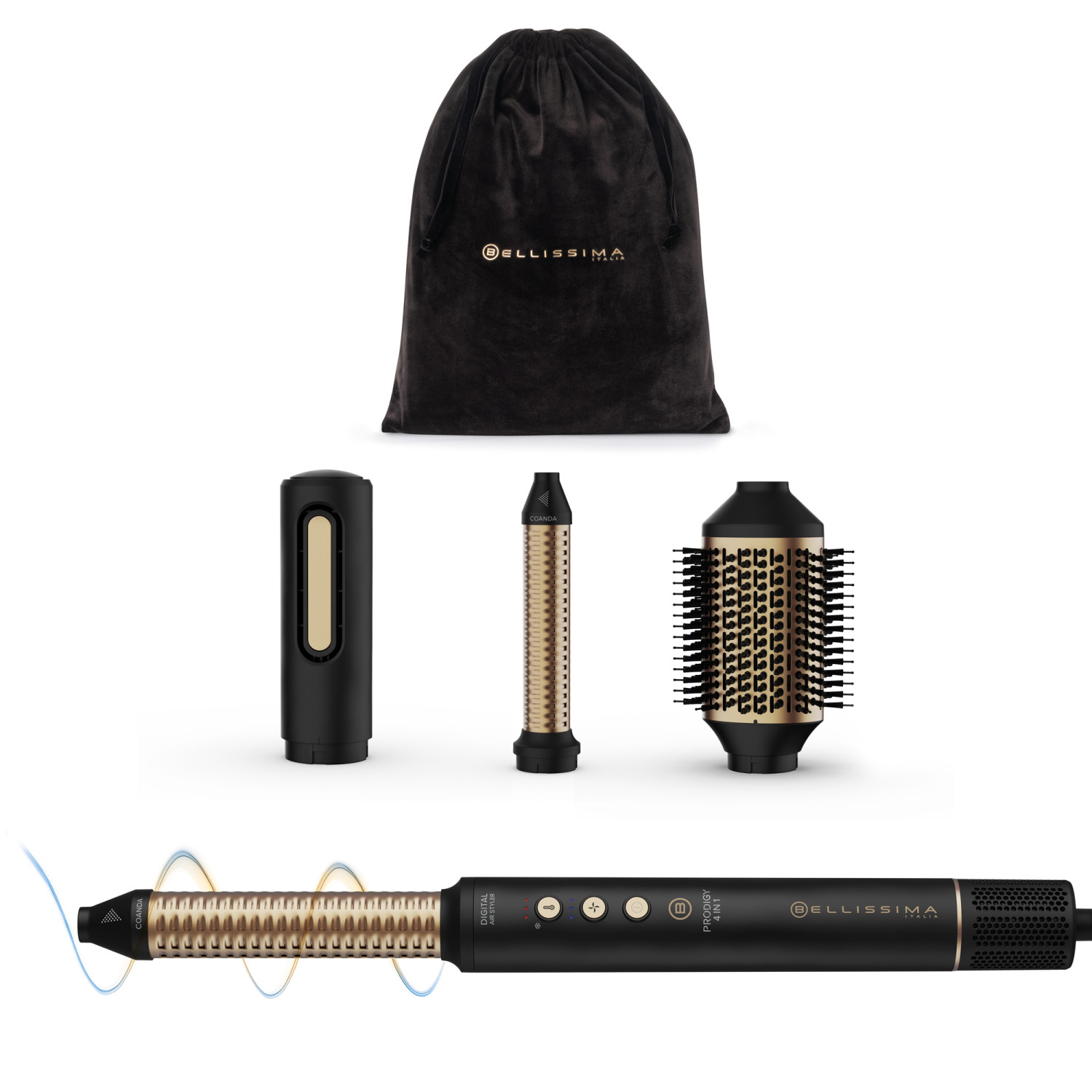 Un set per lo styling dei capelli nero e oro, tra cui uno styler, accessori e un sacchetto di velluto, tutto su sfondo bianco.