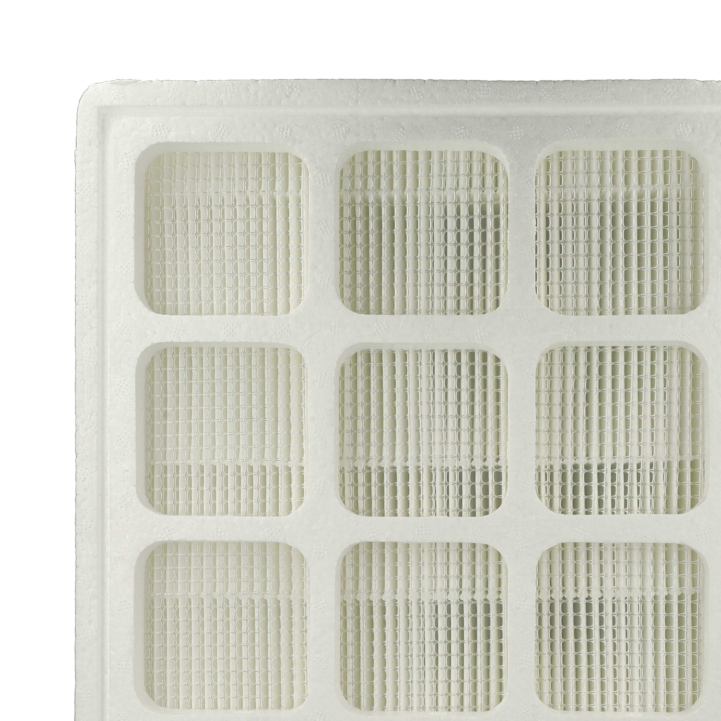 Nahaufnahme eines weißen Luftfilters mit Gittermuster. Der Filter besteht aus porösem Material.