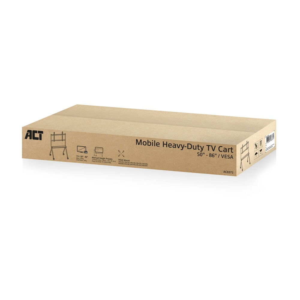 Ein brauner Pappkarton mit der Aufschrift 'Mobile Heavy-Duty TV Cart'. Er hat das ACT-Logo und Spezifikationen für TV-Größen.