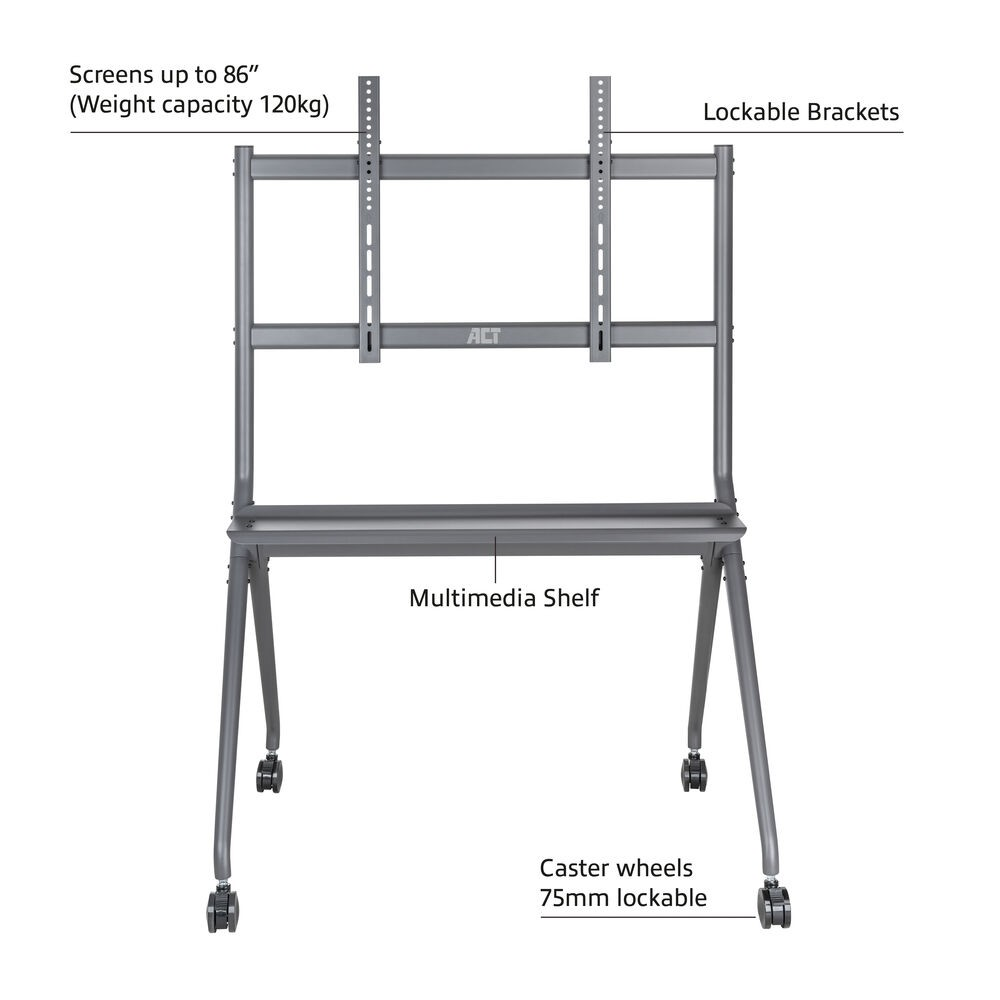 Ein grauer TV-Ständer mit Ablage, verriegelbaren Halterungen und Rollen. Er unterstützt Bildschirme bis zu 86 Zoll und 120 kg.