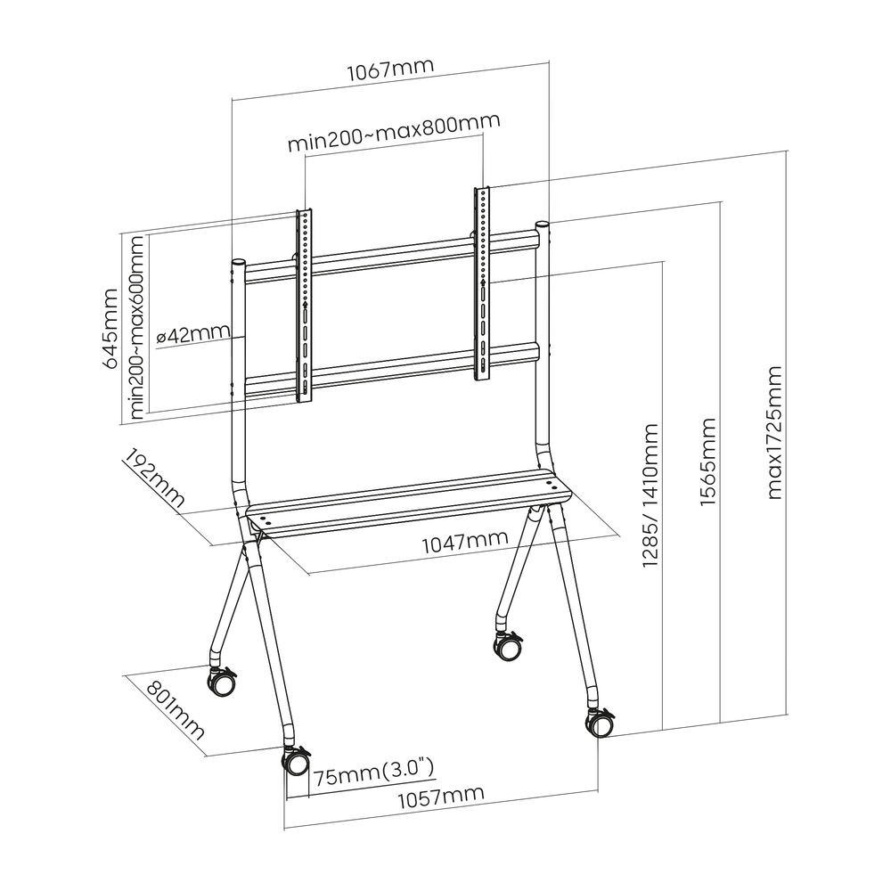 Diagramm eines schwarz-silbernen TV-Ständers mit Abmessungen. Enthält Messungen in mm: Höhe, Breite und andere Teile.