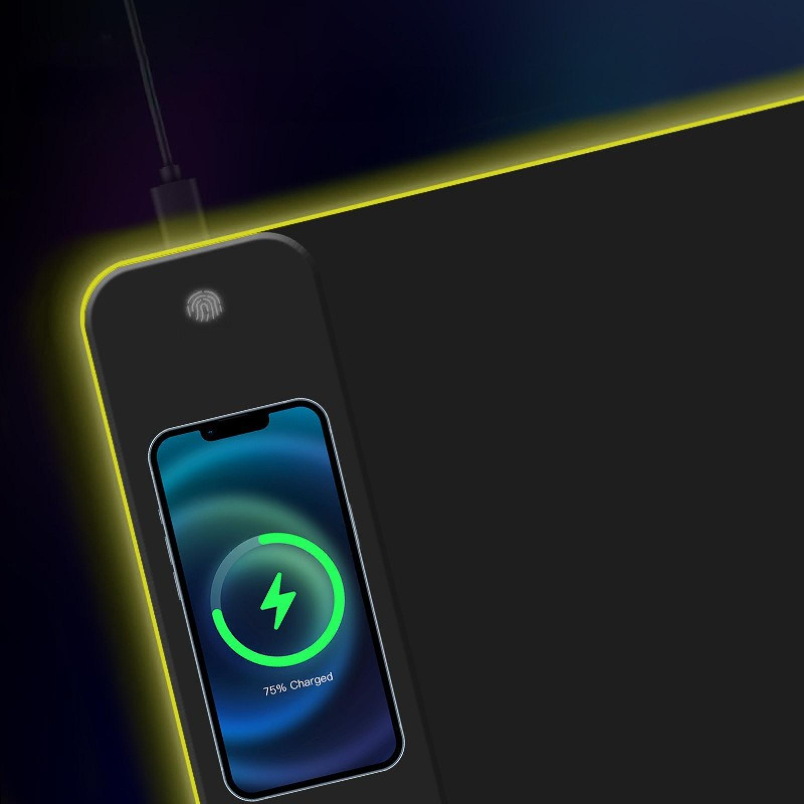 Ein Telefon, das auf einem schwarzen kabellosen Ladegerät geladen wird. Das Telefon zeigt 75 % geladen an. Das Ladegerät hat einen Fingerabdrucksensor.