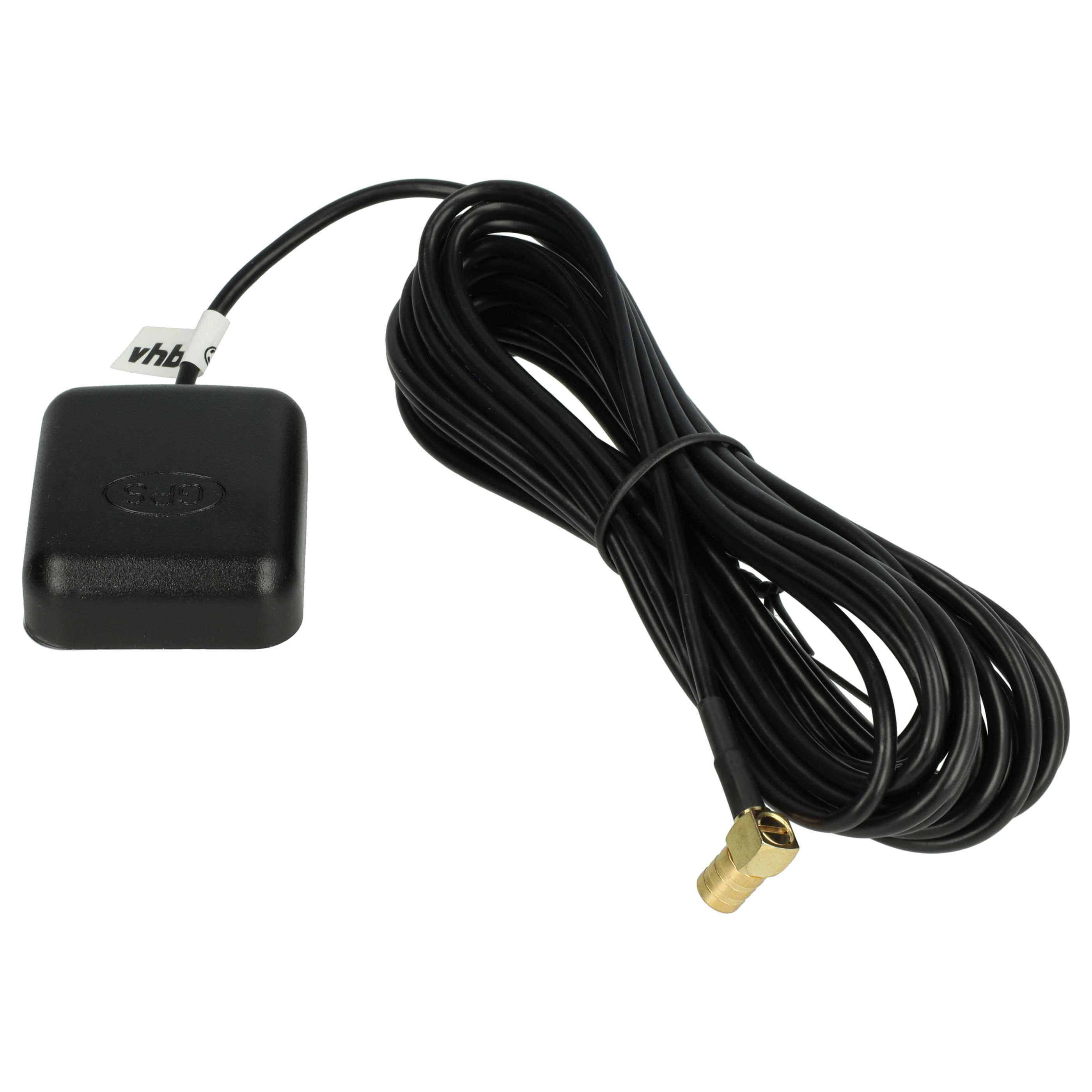 Eine schwarze GPS-Antenne mit einem langen schwarzen Kabel und einem goldenen Stecker auf weißem Hintergrund.