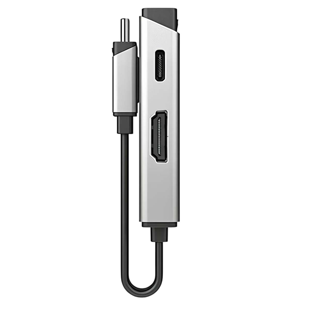 Ein silberner und schwarzer USB-C-Adapter mit HDMI-Anschluss und USB-C-Ladeanschluss. Ein schwarzes Kabel ist mit dem Adapter verbunden.