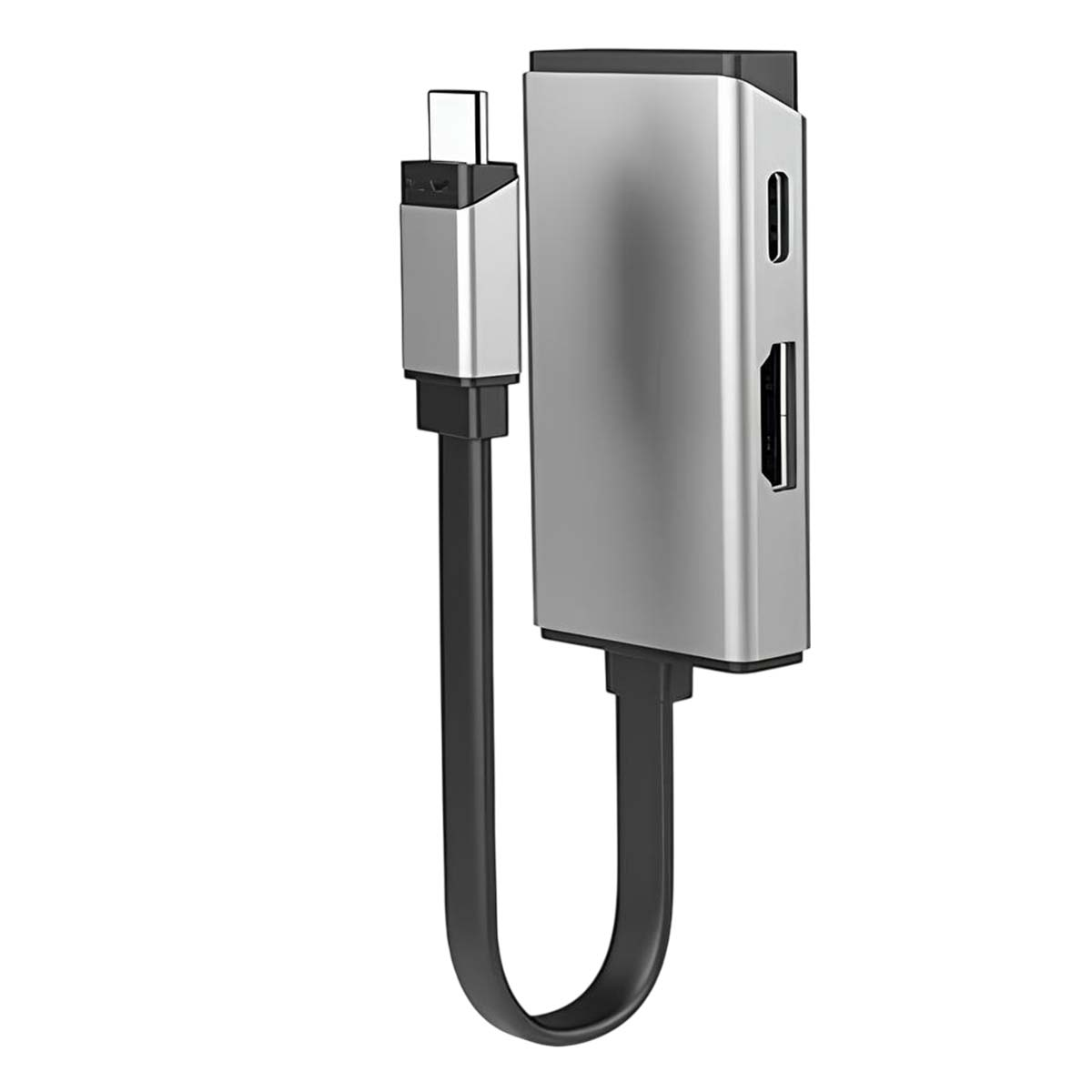 Ein silberner USB-C-Hub mit schwarzem Kabel. Es hat HDMI- und USB-Anschlüsse. Das Kabel ist U-förmig gebogen.