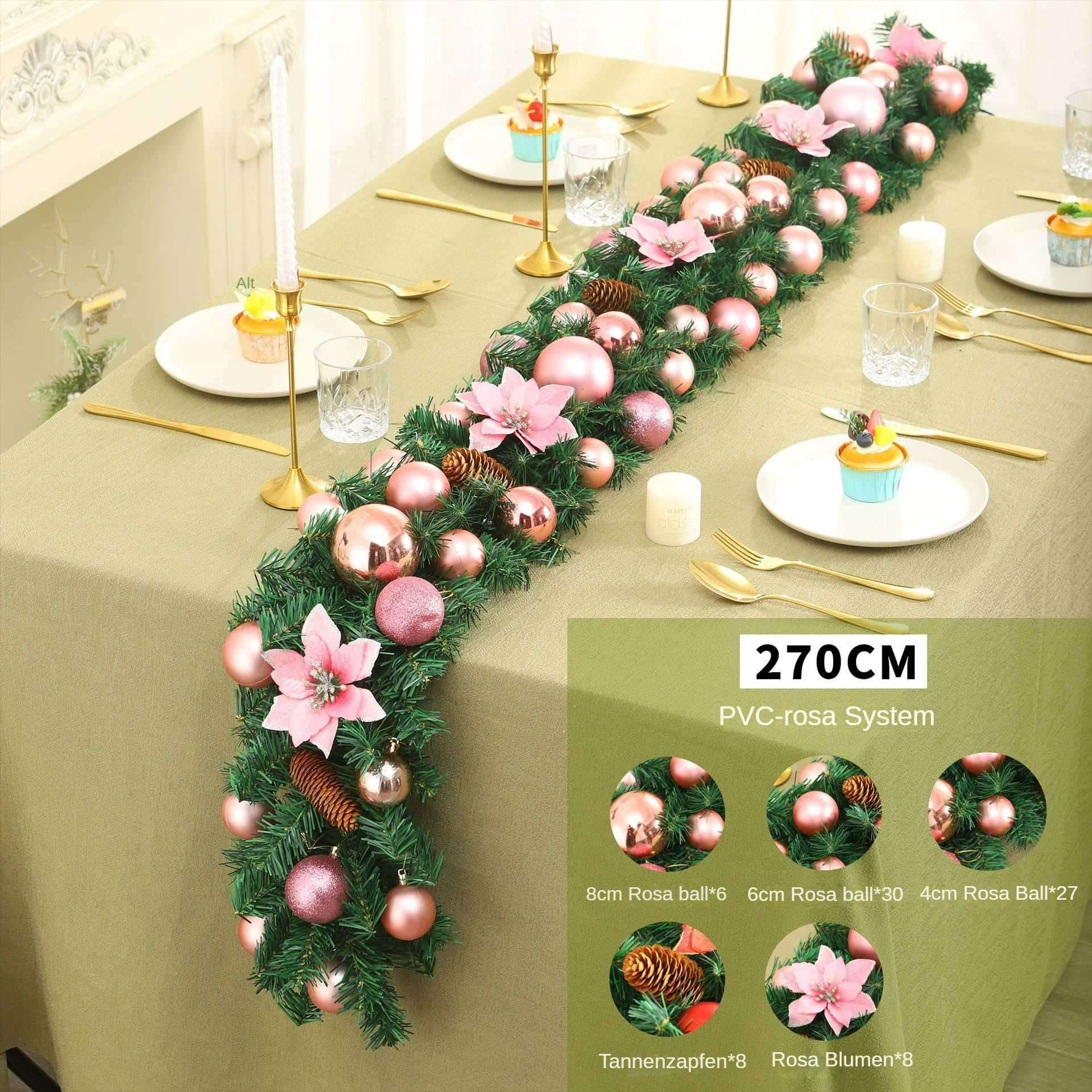 Tischdeko mit Girlande, rosa Ornamenten, Blumen, Kerzen und Cupcakes. Goldene Bestecke und Gläser sind platziert.