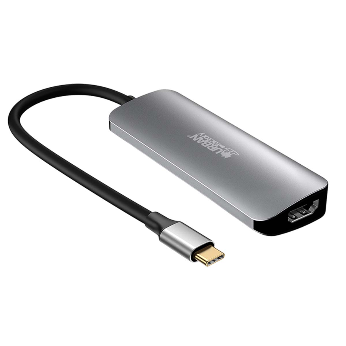Ein silberner USB-C-Adapter mit schwarzem Kabel. Er hat einen HDMI-Anschluss und einen USB-C-Anschluss. Der Markenname ist sichtbar.