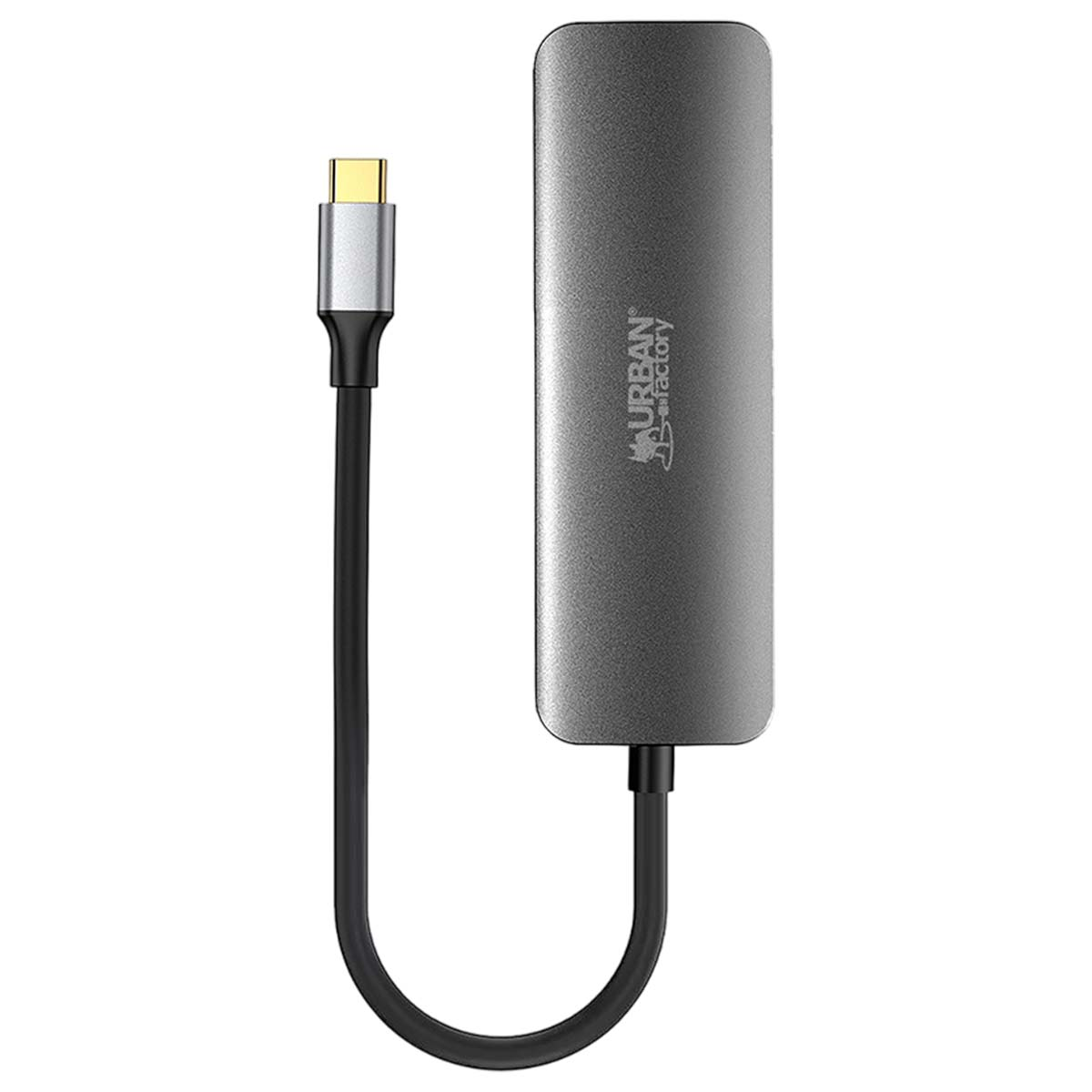 Ein grauer USB-C-Hub mit schwarzem Kabel. Der Hub hat das Logo 'urban factory'. Das Kabel ist mit einem silbernen Stecker verbunden.