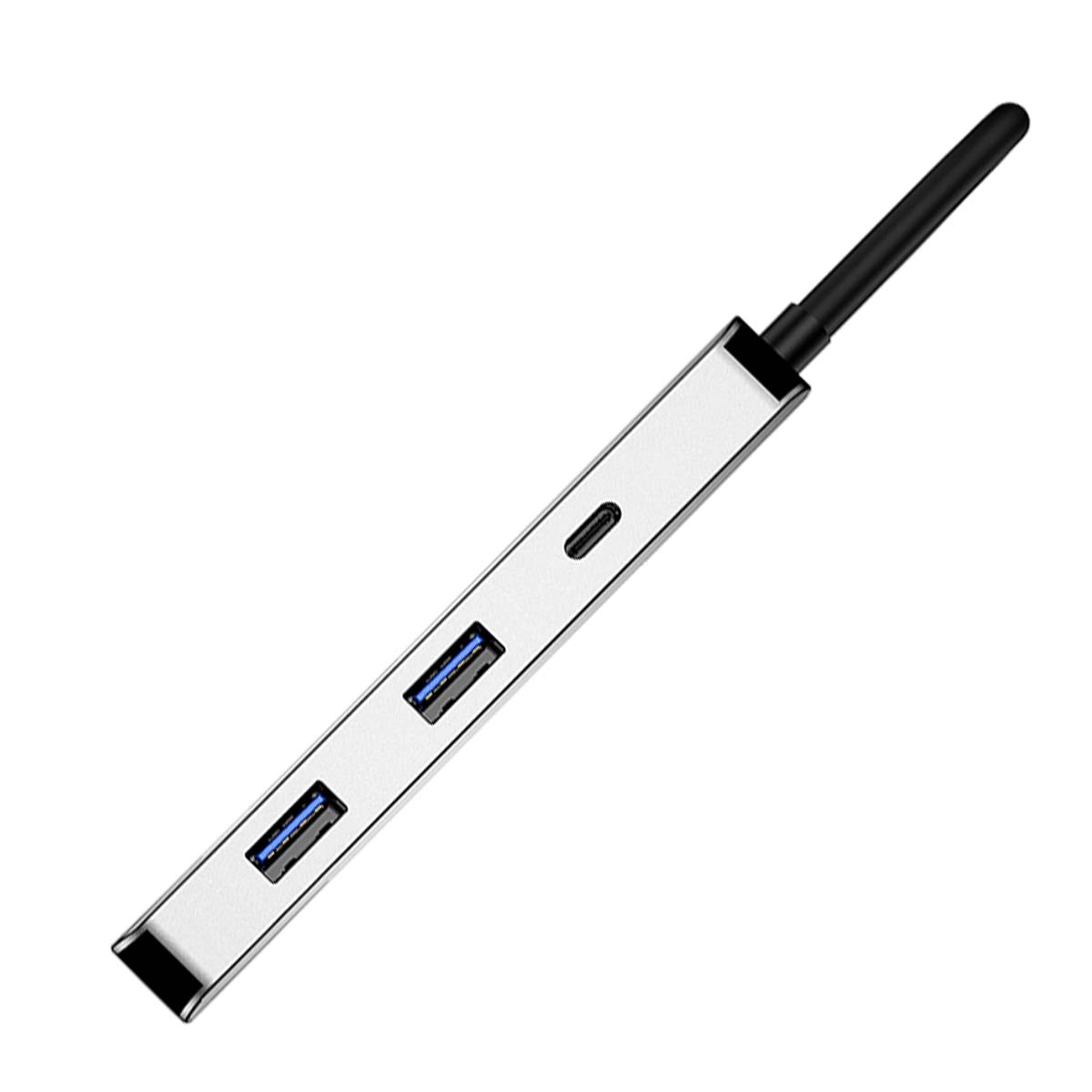Ein silberner USB-Hub mit zwei USB-Anschlüssen, einem Ladeanschluss und einer schwarzen Antenne auf weißem Grund.