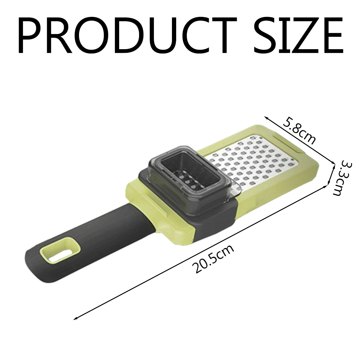 Eine Reibe mit schwarzem Griff und grünem Körper, 20,5 cm lang. Der Text 'PRODUCT SIZE' steht oben im Bild.