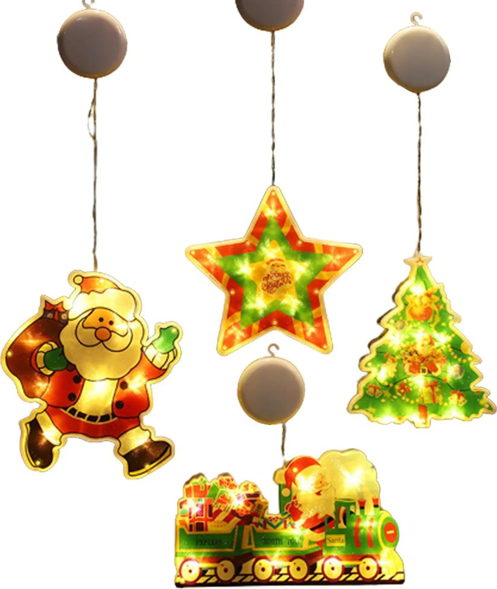 Weihnachtsdekorationen: Weihnachtsmann, Stern, Baum und Zug, alle leuchtend, hängen von weißen Kreisen vor weißem Hintergrund.