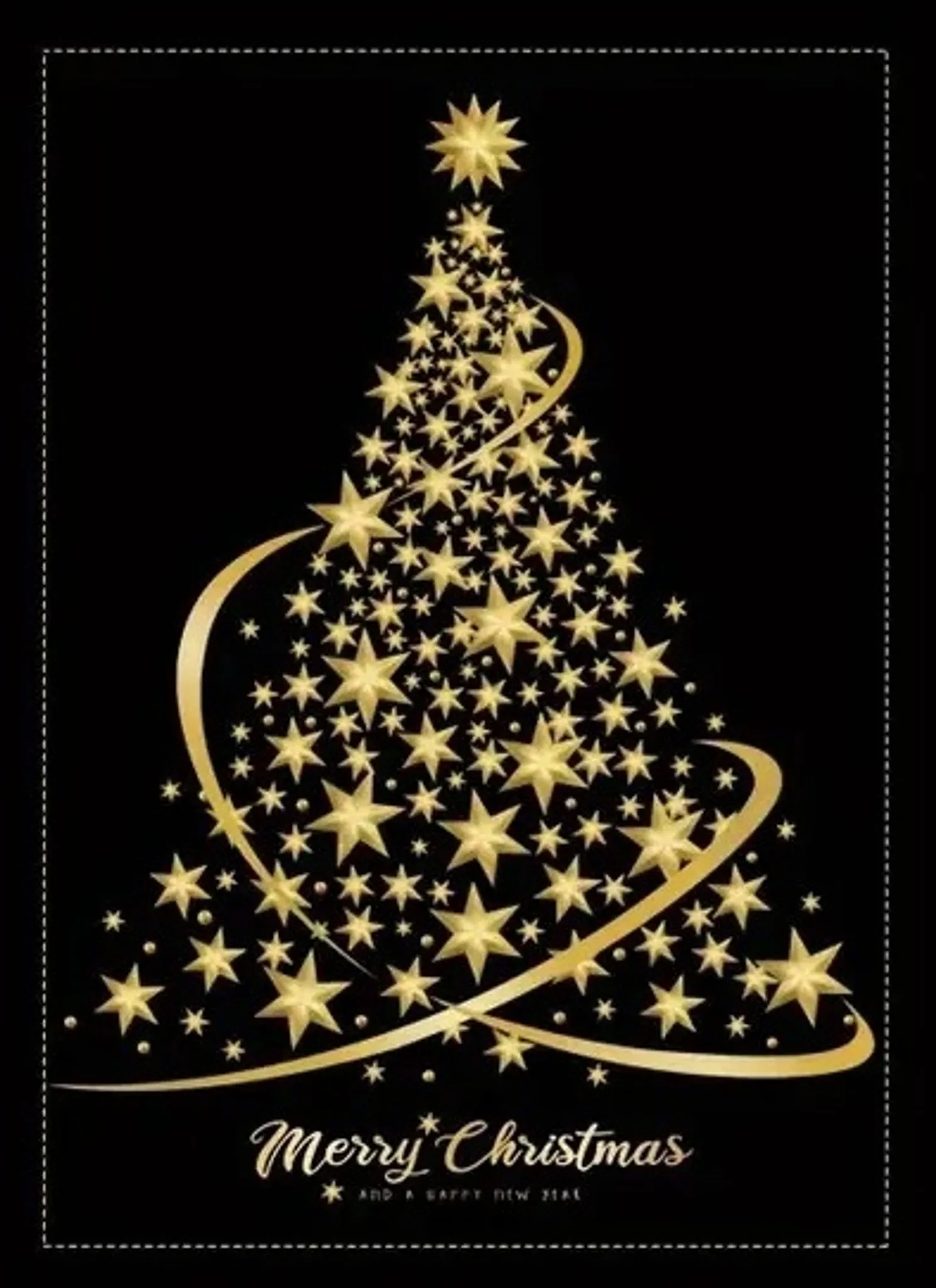 Ein goldener Weihnachtsbaum aus Sternen auf schwarzem Hintergrund. Enthält den Text "Frohe Weihnachten".