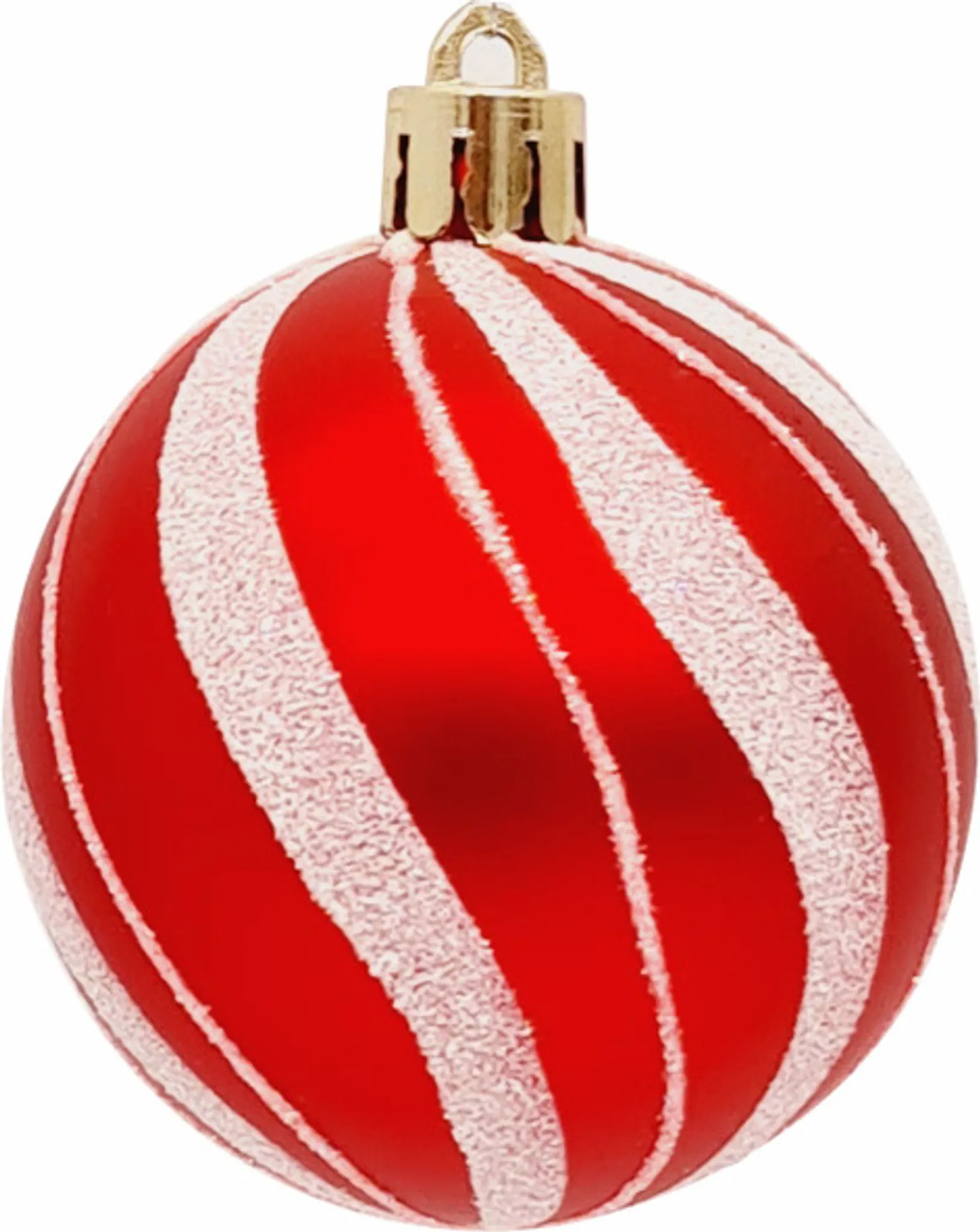 Eine rote Weihnachtskugel mit weißen Glitzerstreifen. Sie hat eine goldene Metallkappe.