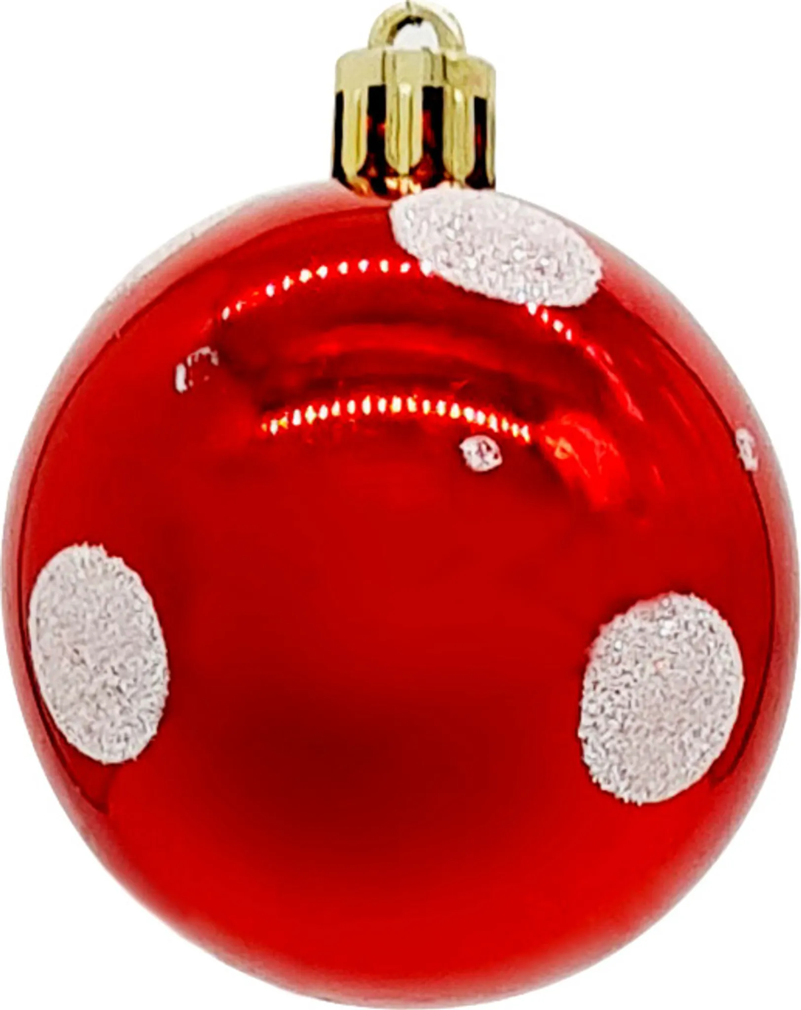 Ein roter Weihnachtsschmuck mit weißen Glitzerpunkten und einem goldenen Deckel.