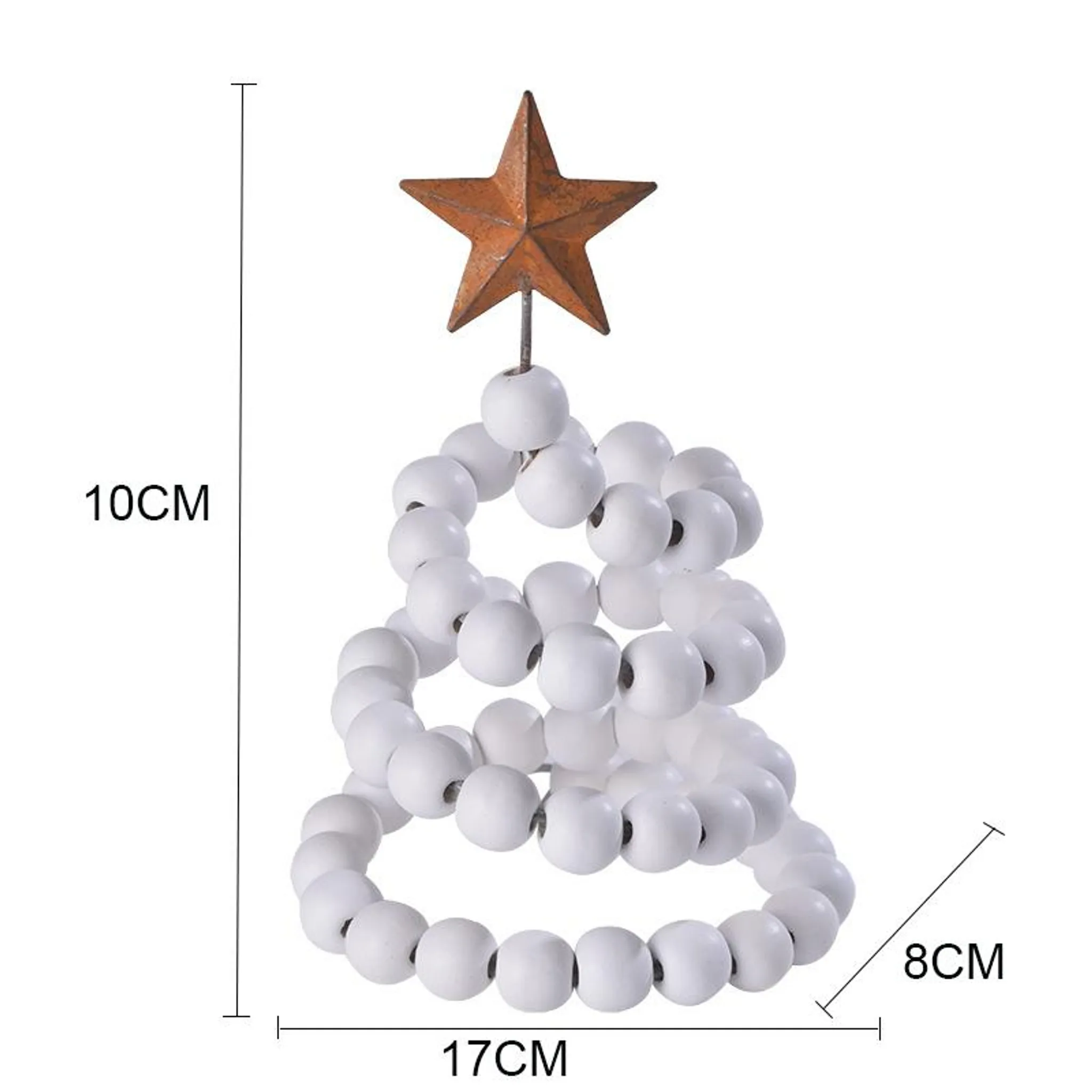 Ein dekorativer Weihnachtsbaum aus weißen Perlen, gekrönt von einem rostigen Stern. Abmessungen: 17x10x8cm.