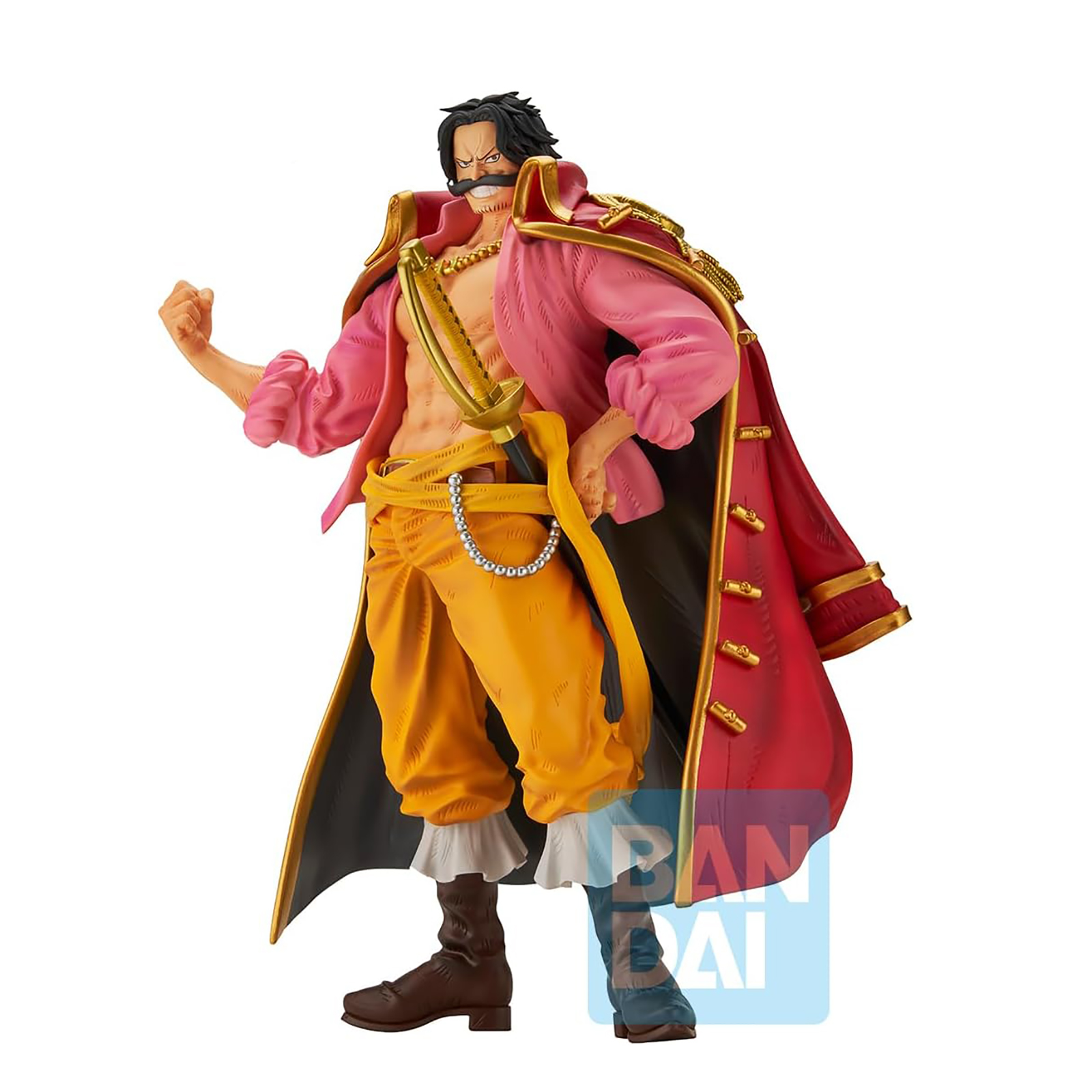 Figura de un hombre con camisa rosa y pantalones amarillos. Lleva un abrigo rojo y empuña una espada. El fondo es blanco.