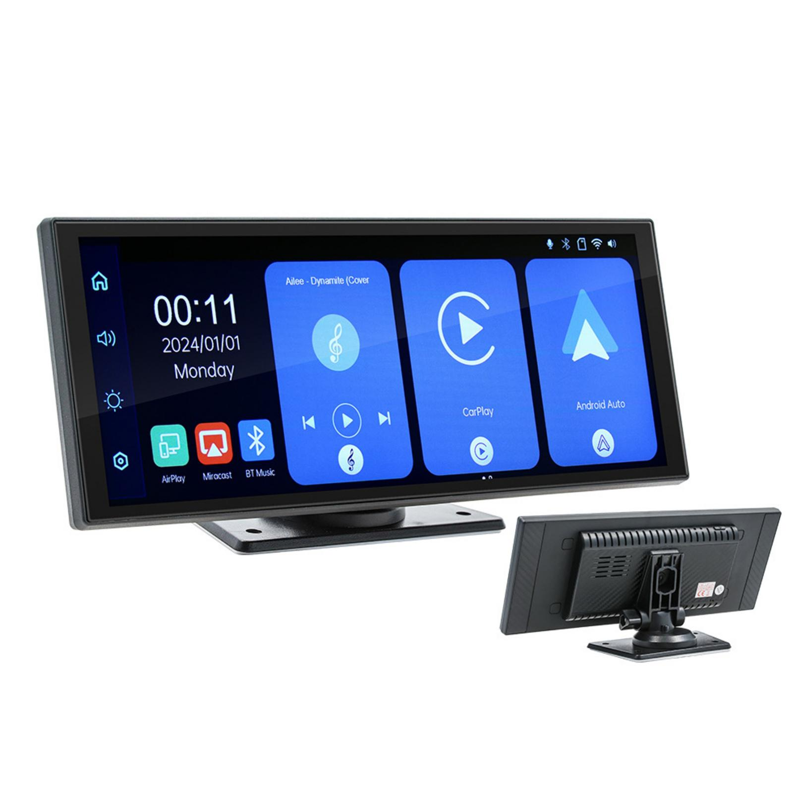 Ein Auto-Multimedia-System zeigt Uhrzeit, Datum und verschiedene App-Symbole an. Ein zweiter Bildschirm ist unten.