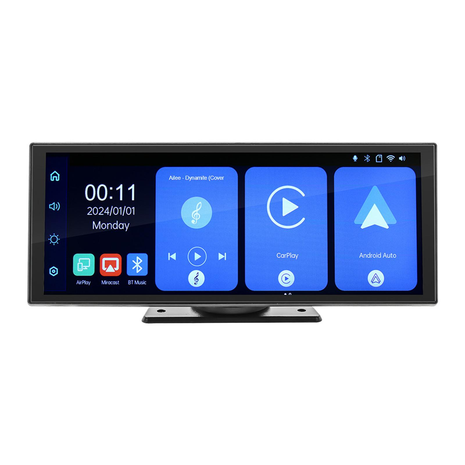 Multimedia-Display für das Auto. Zeigt Zeit, Datum und App-Symbole an. Musikwiedergabe mit Navigations- und Verbindungsoptionen.