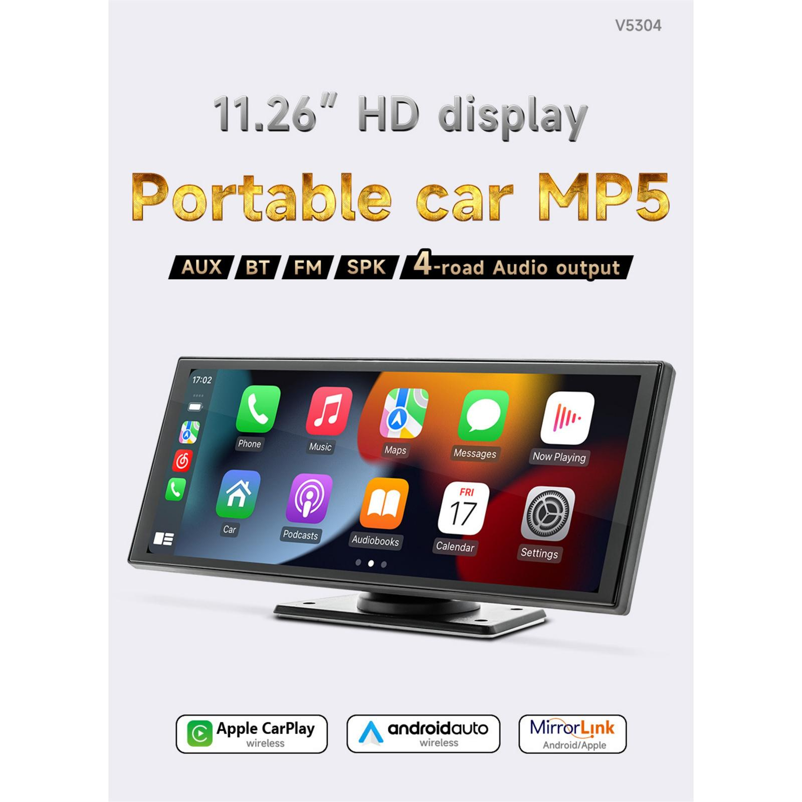 Auto-MP5-Player mit 11,26" HD-Display. Bietet Apple CarPlay, Android Auto und MirrorLink. Zeigt App-Symbole wie Musik und Karten.