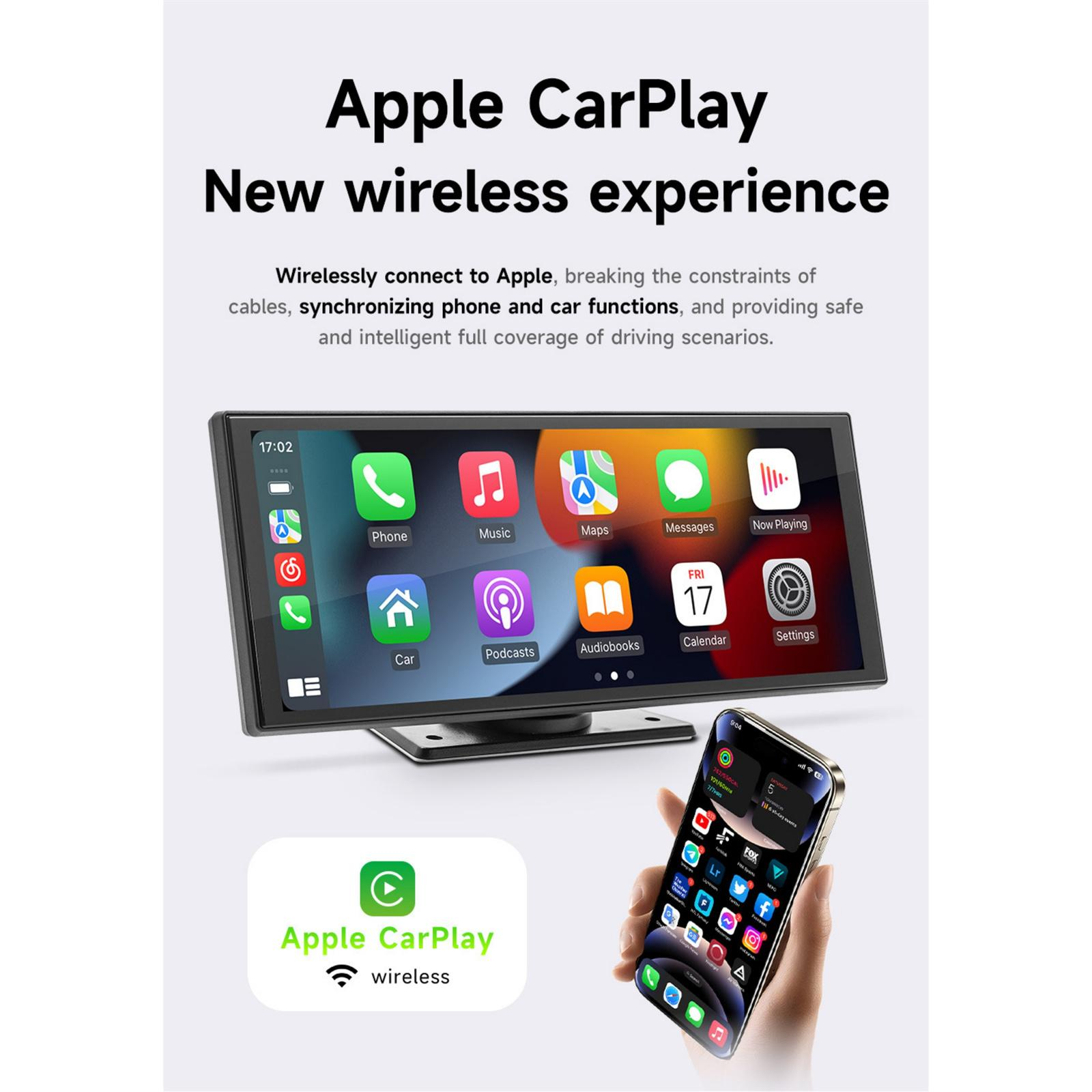 Das Bild zeigt eine Apple CarPlay-Oberfläche auf einem Bildschirm, mit einem Telefon, das Apps anzeigt. Text sagt 'Neues drahtloses Erlebnis'.