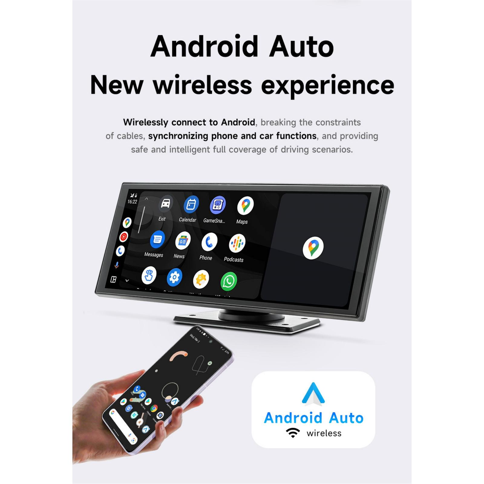 Das Bild zeigt einen Android Auto-Bildschirm, ein Telefon und das Android Auto Wireless-Logo. Es bewirbt die drahtlose Verbindung.