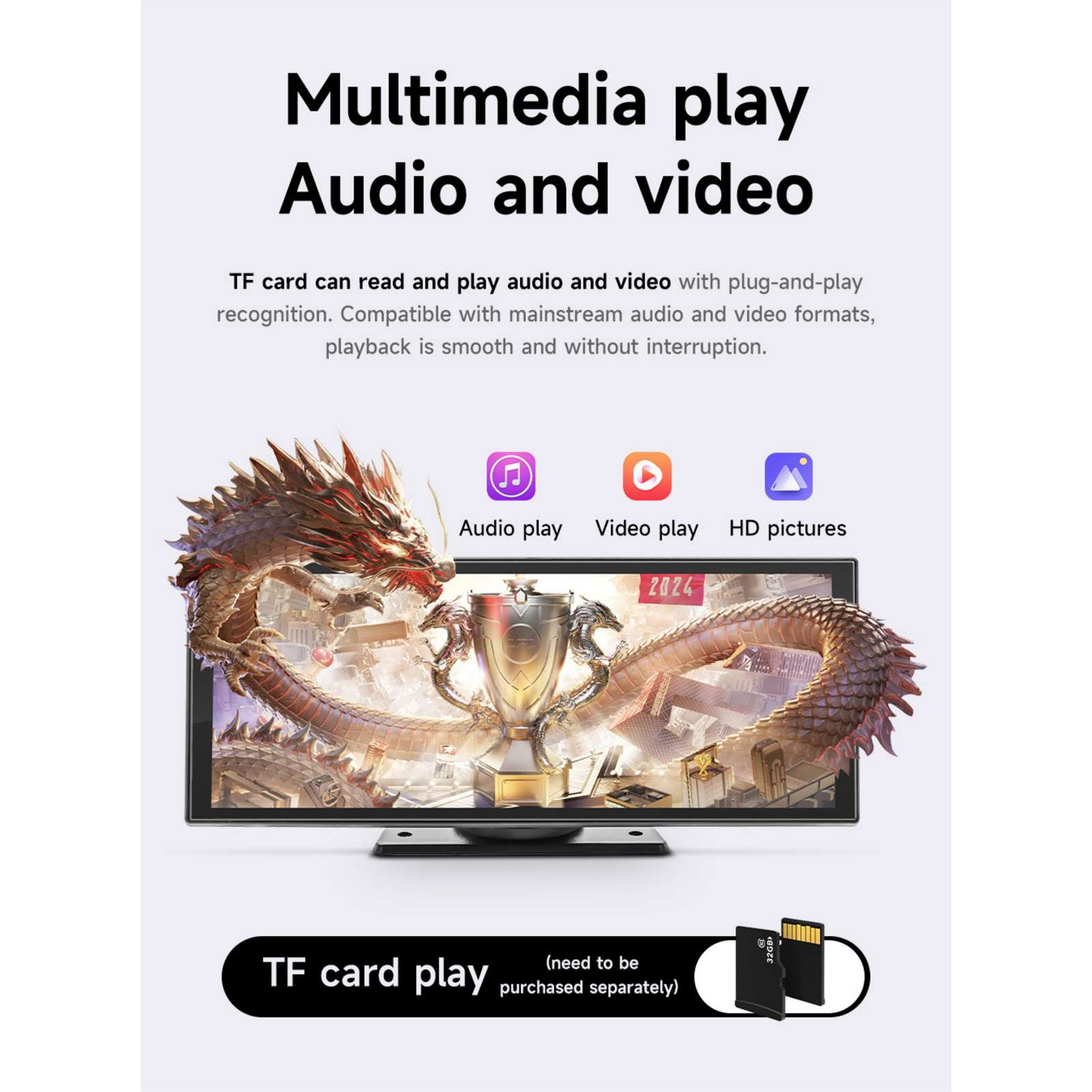 Das Bild zeigt einen Multimedia-Player mit Audio- und Videofunktionen. Enthält einen Drachen, eine Trophäe und zwei TF-Karten.