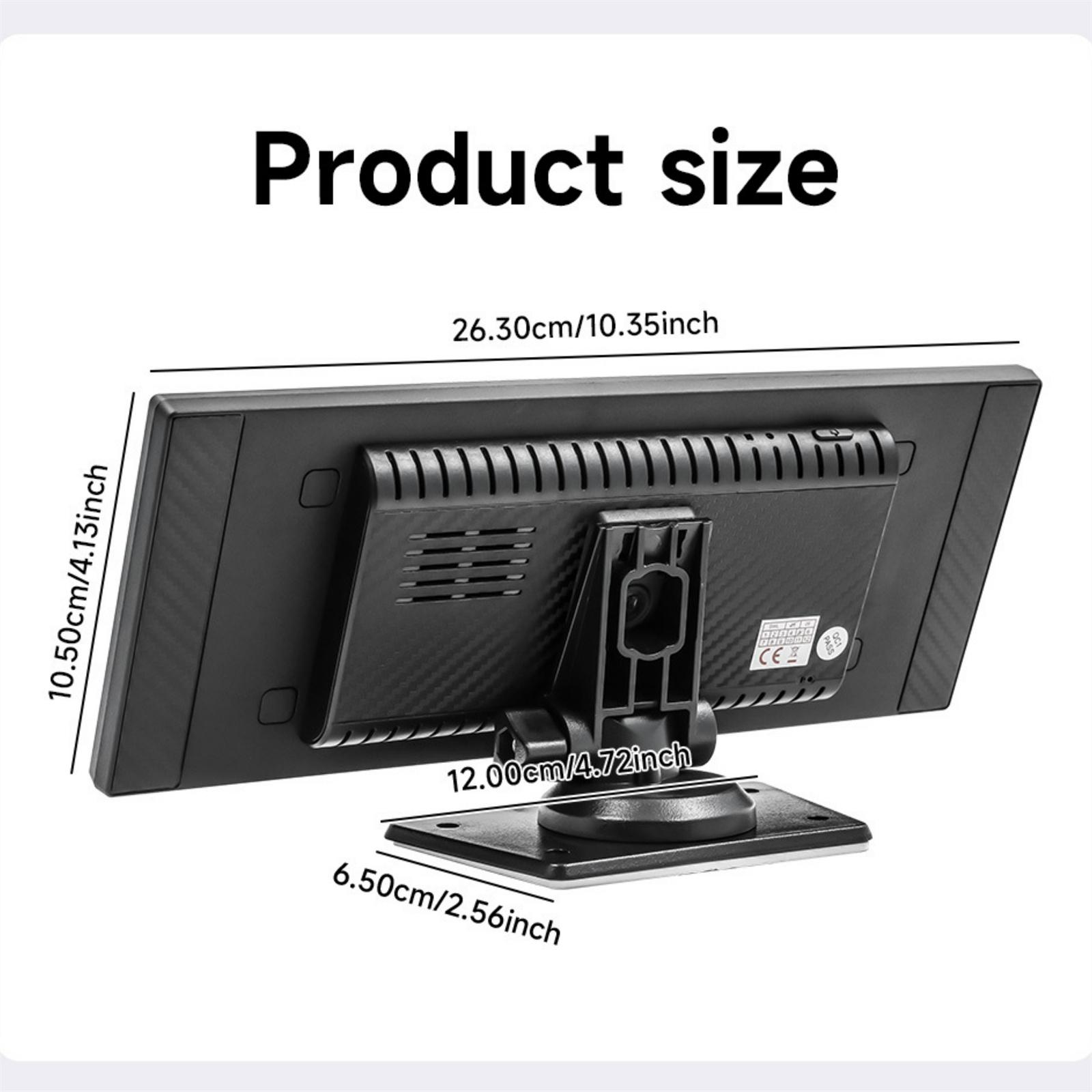 Schwarzes Produkt mit Abmessungen in cm und Zoll. Enthält einen Bildschirm, Ständer und Text zur Produktgröße.
