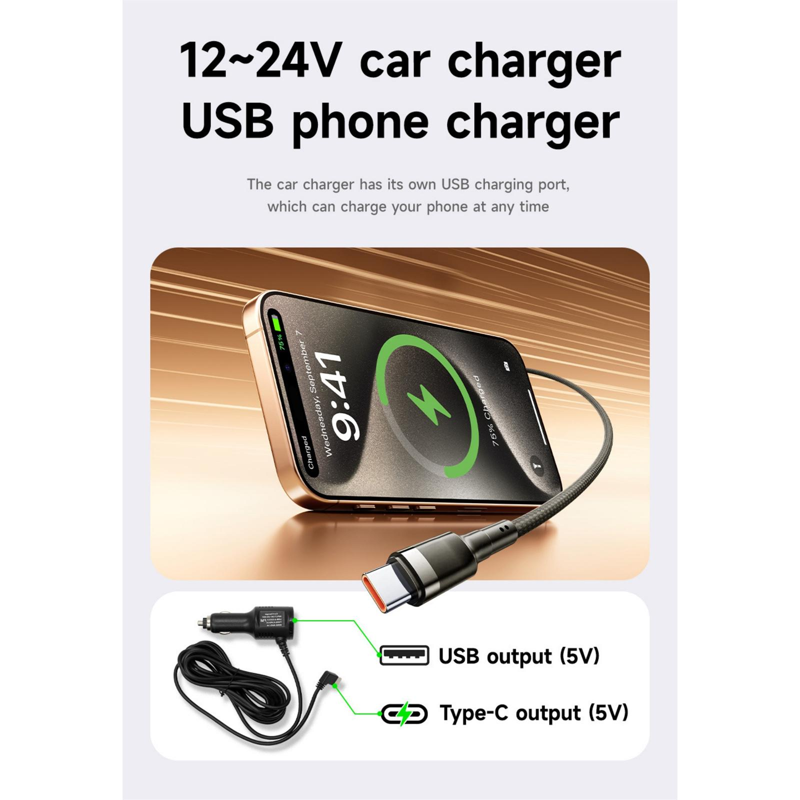 Kfz-Ladegerät mit Telefonaufladung. Telefon zeigt 9:41, 75 % geladen an. USB- und Typ-C-Ausgänge werden angezeigt.