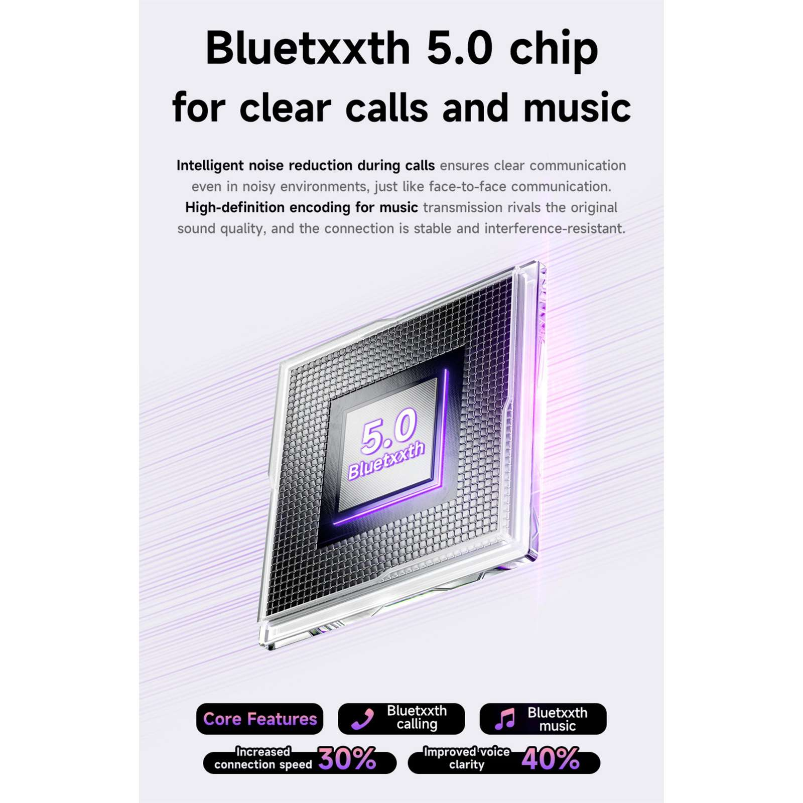 Das Bild zeigt einen 'Bluetxxth 5.0 Chip'. Text hebt klare Anrufe, Musik, Rauschunterdrückung und HD-Codierung hervor.
