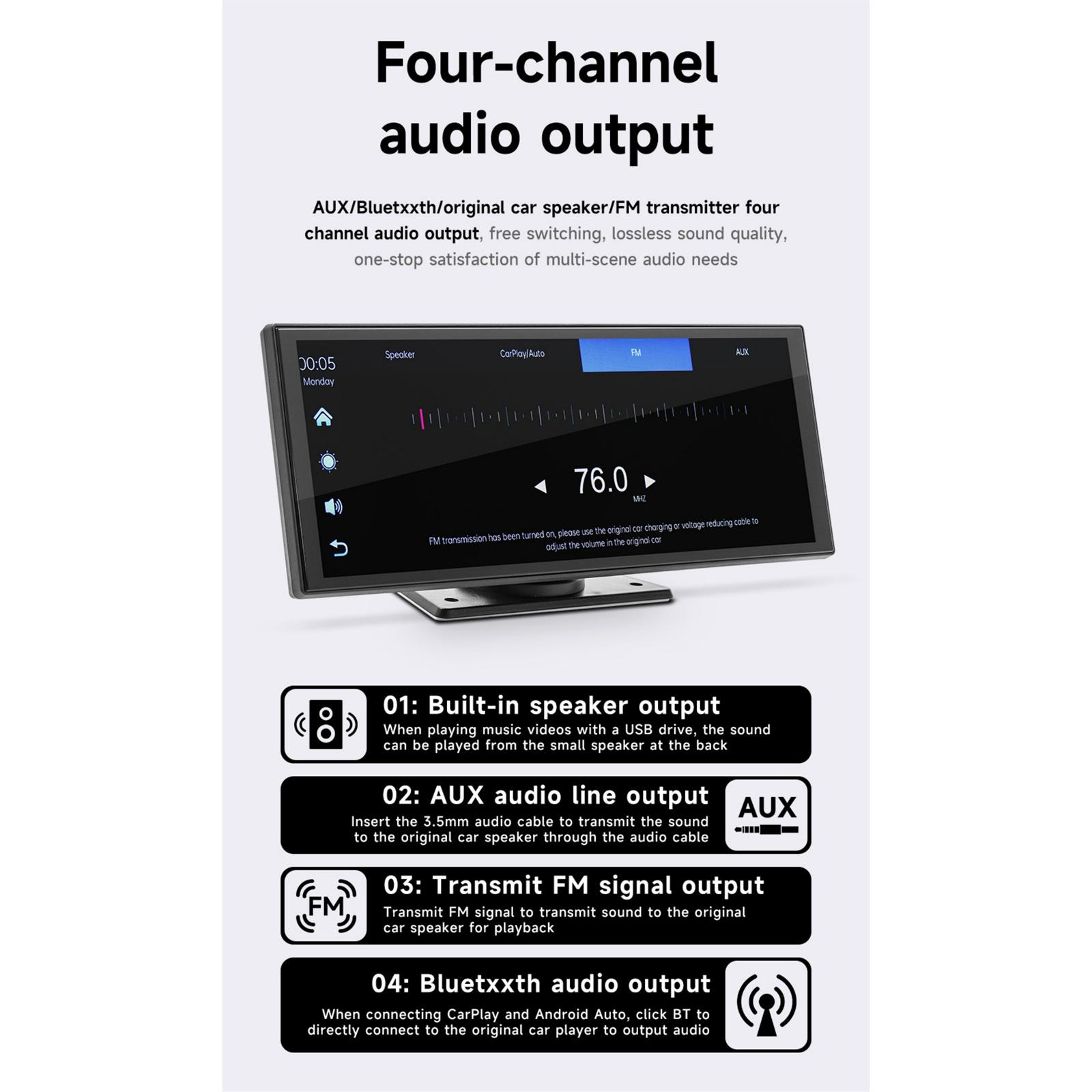 Das Bild zeigt ein Autoradiosystem mit mehreren Ausgangsoptionen, darunter FM, AUX und Bluetooth. Das Display zeigt 76,0 MHZ.
