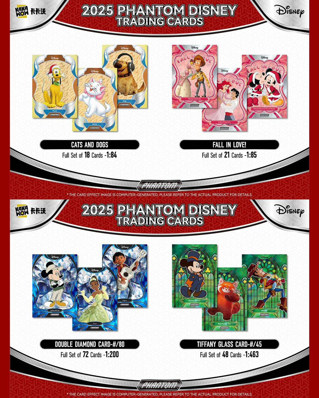 Werbung für Disney-Sammelkarten. Enthält verschiedene Disney-Figuren, darunter Pluto, Marie, Dug und Mickey Mouse, auf Sammelkarten.