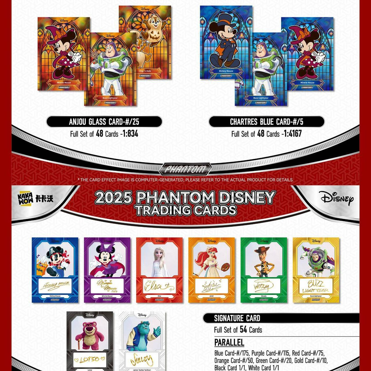 Disney-Sammelkarten mit Figuren wie Micky Maus, Buzz Lightyear und Minnie Maus. Die Karten haben Buntglas-Hintergründe.
