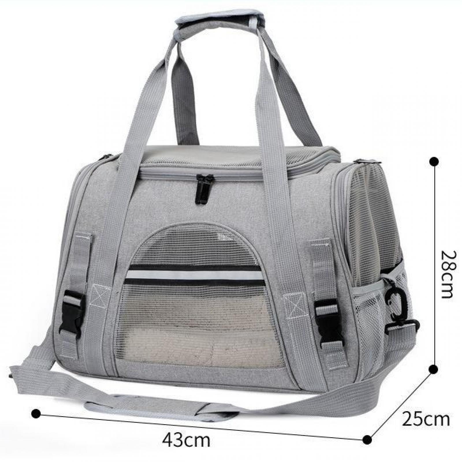 Graue Haustiertasche mit Mesh-Fenstern, schwarzen Schnallen und Schultergurt. Abmessungen 43x25x28 cm.