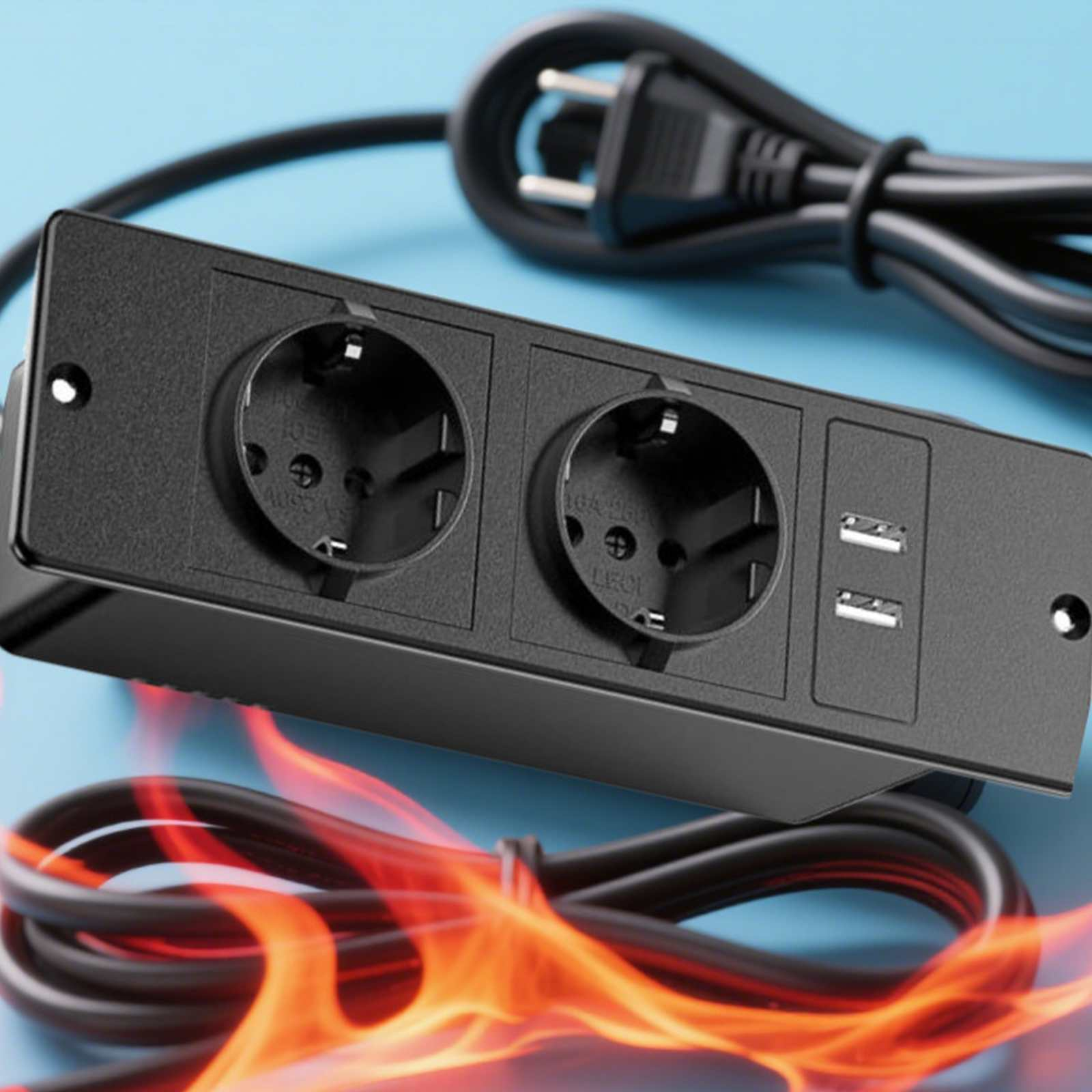 Schwarze Steckdosenleiste mit zwei Steckdosen und zwei USB-Anschlüssen, mit schwarzem Netzkabel und blauem Hintergrund.
