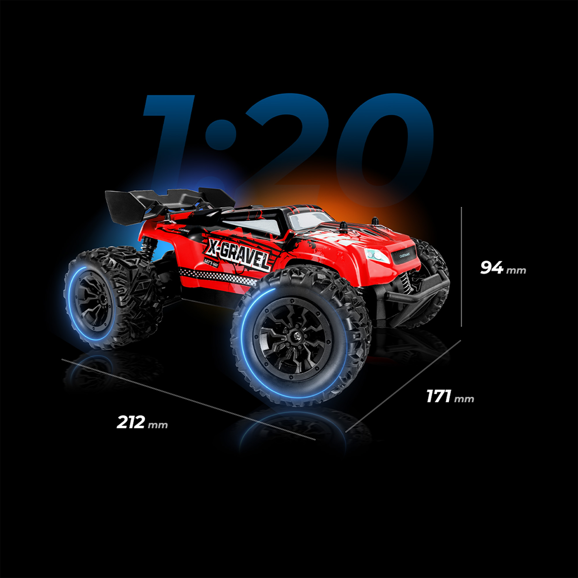 Rotes X-Gravel RC-Auto mit schwarzen Rädern und Abmessungen auf schwarzem Hintergrund. Das Auto ist im Maßstab 1:20.