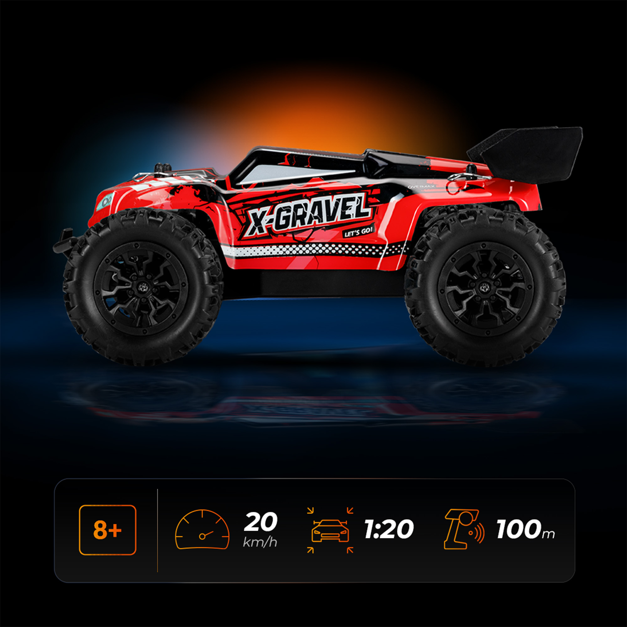 Ein rot-schwarzes X-Gravel RC-Auto. Es hat große Reifen und einen Heckspoiler. Anzeigesymbole zeigen Alter 8+, 20 km/h und Maßstab 1:20.