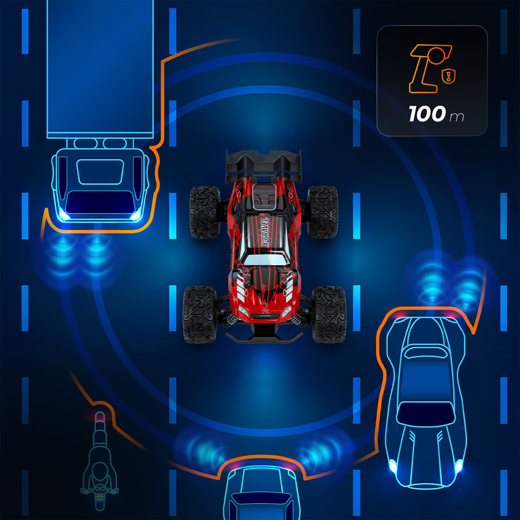 Ein rotes RC-Auto auf einer blauen Straße mit umliegenden Fahrzeugen und einem Sicherheitssymbol, das eine Reichweite von 100 m anzeigt.