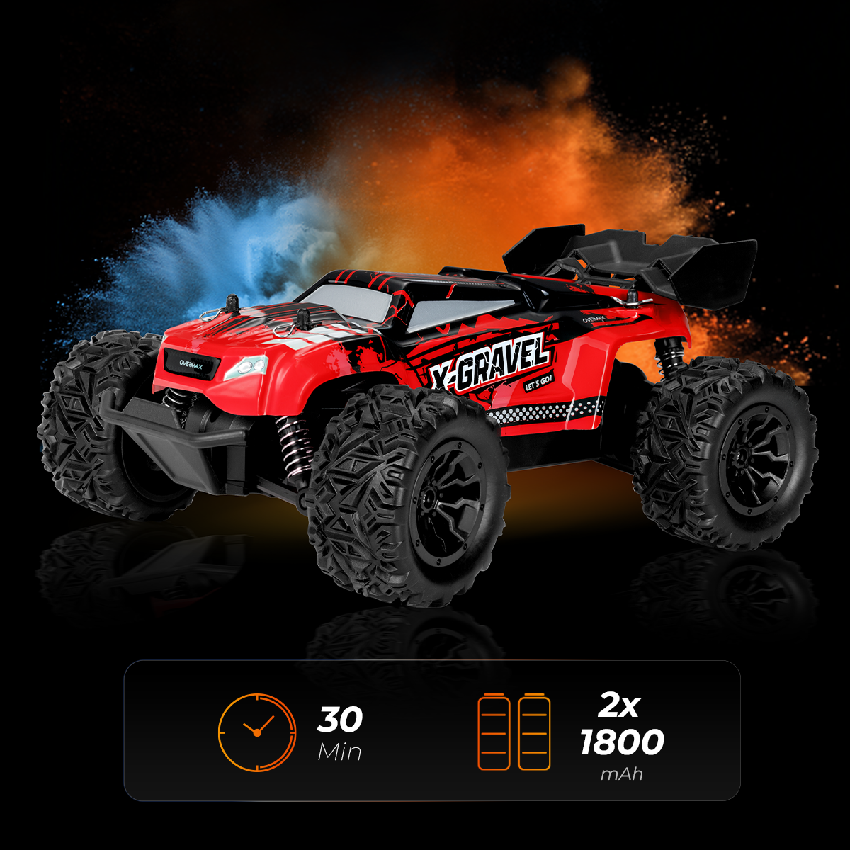 Ein rot-schwarzes X-Gravel RC-Auto mit großen Reifen. Der Hintergrund zeigt orange und blaue Farbausbrüche und Batterieinformationen.