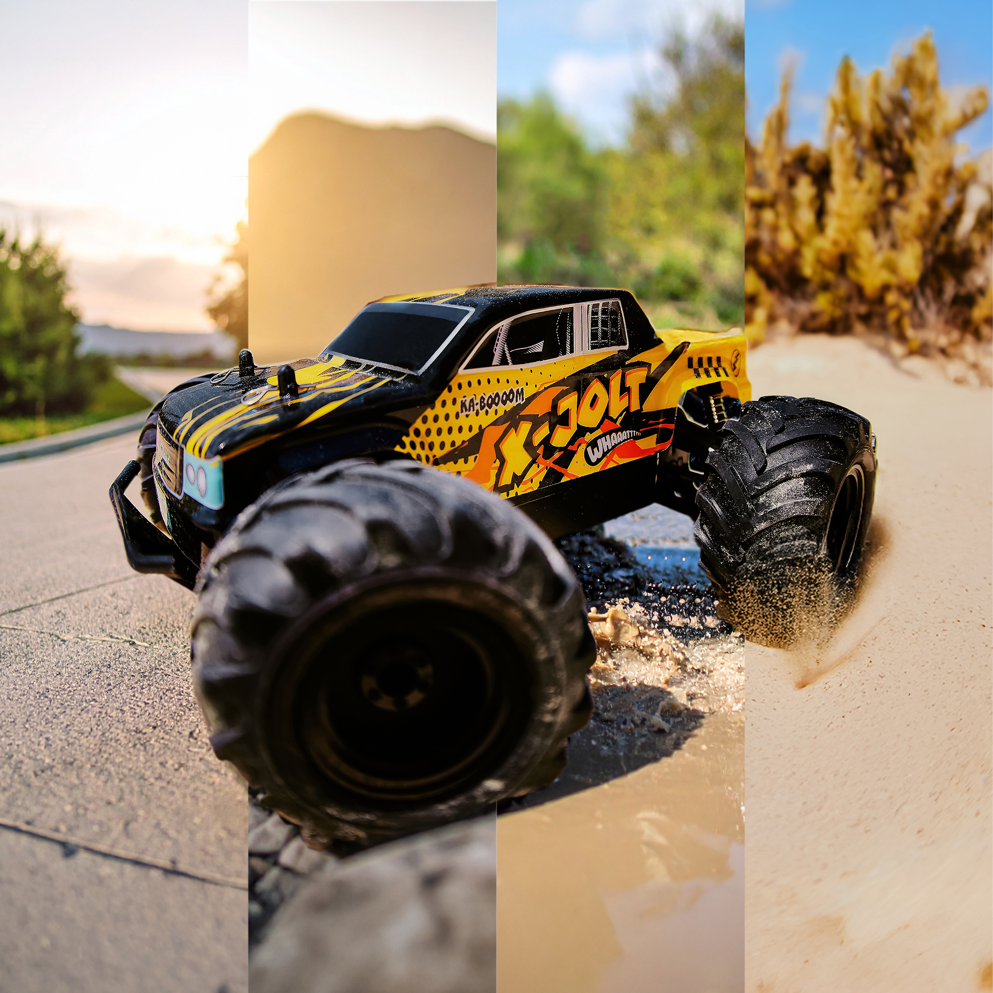 A toy monster truck with a black and yellow color scheme is on different terrains including asphalt, mud, and sand.
