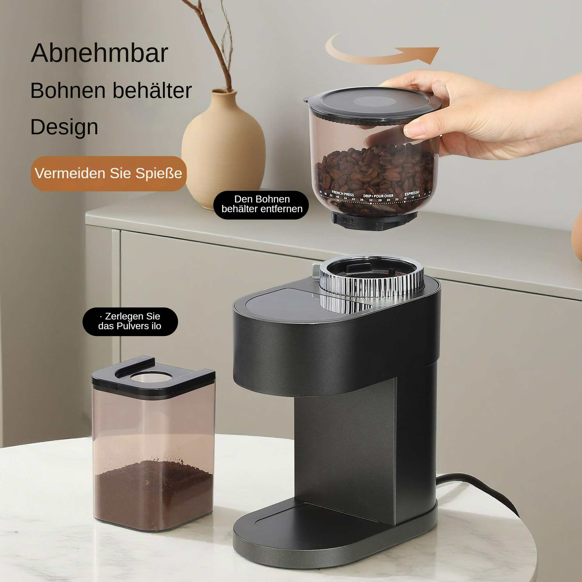 Kaffeemühle mit abgenommenem Bohnenbehälter. Behälter für gemahlenen Kaffee links. Text auf Deutsch.