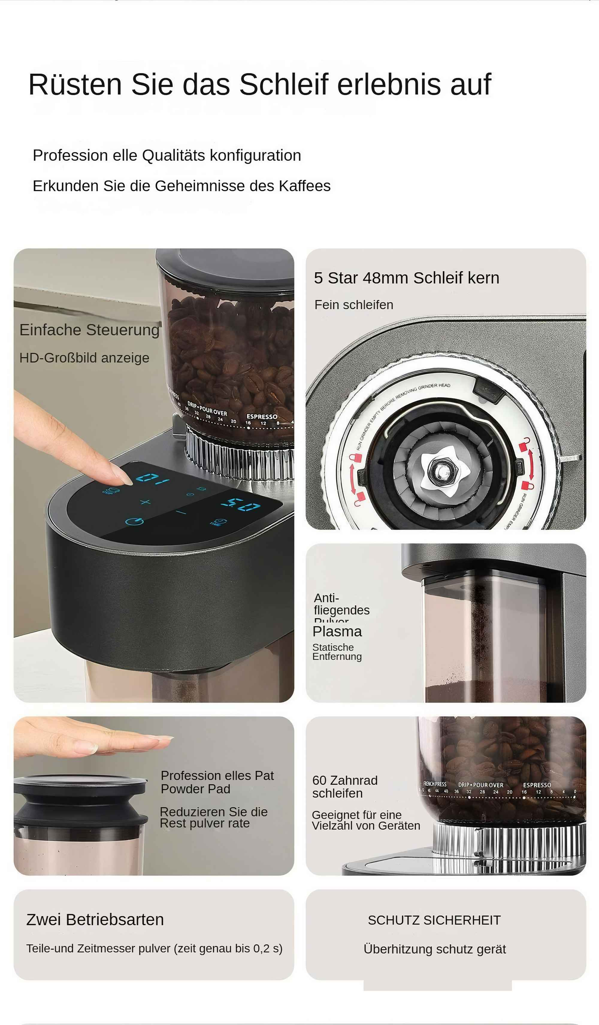 Eine Kaffeemühle mit digitalen Bedienelementen und einem Behälter mit Kaffeebohnen. Text auf Deutsch beschreibt die Funktionen.