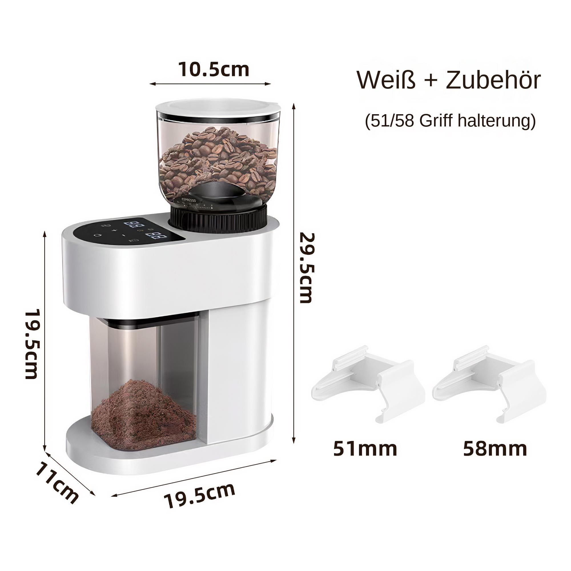 Weißer Kaffeemühle mit Kaffeebohnen, zwei weißen Haltern und Maßen in cm.
