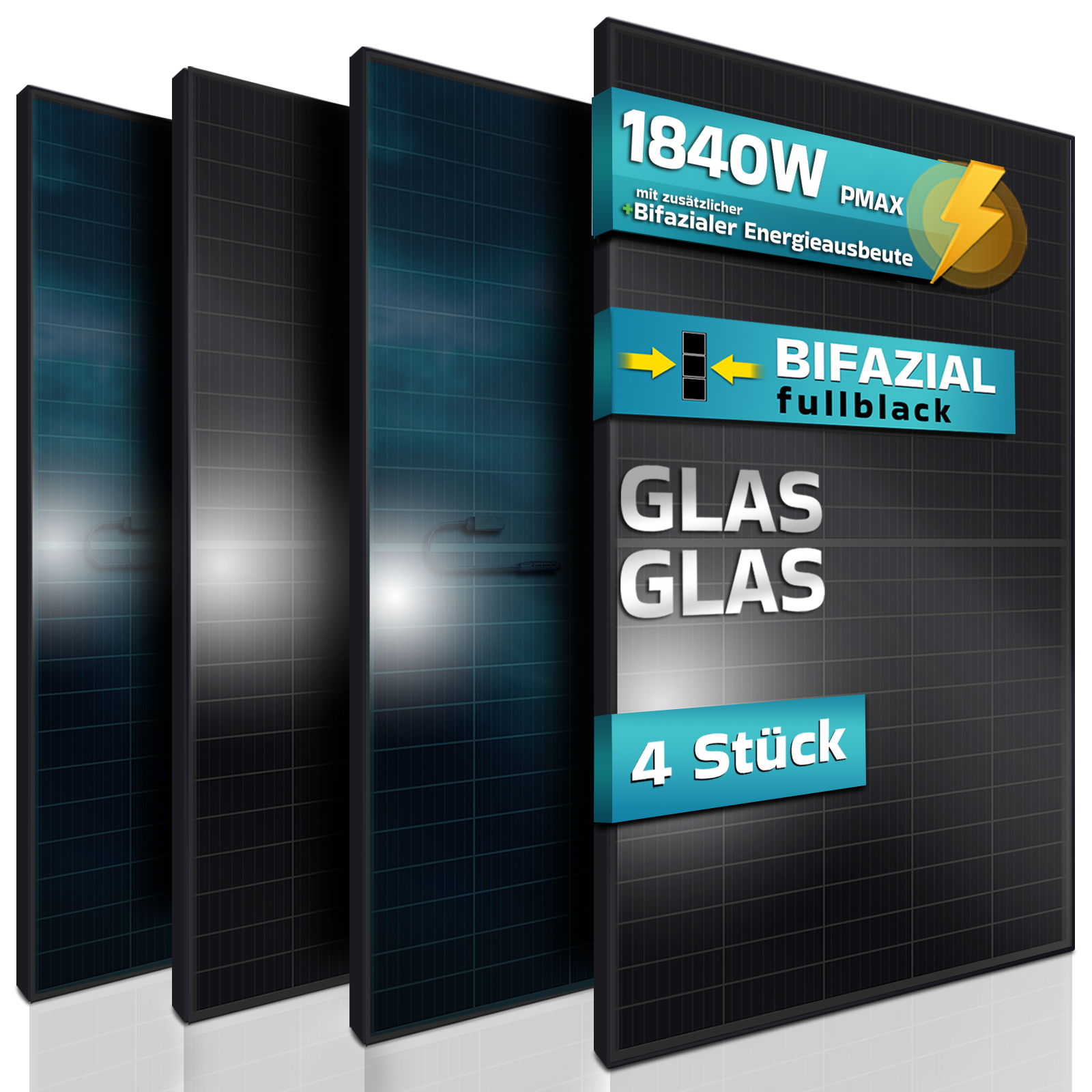 Das Bild zeigt vier Solarmodule. Das rechte Panel hat Text: 1840W, Bifazial, Glas Glas, 4 Stück.