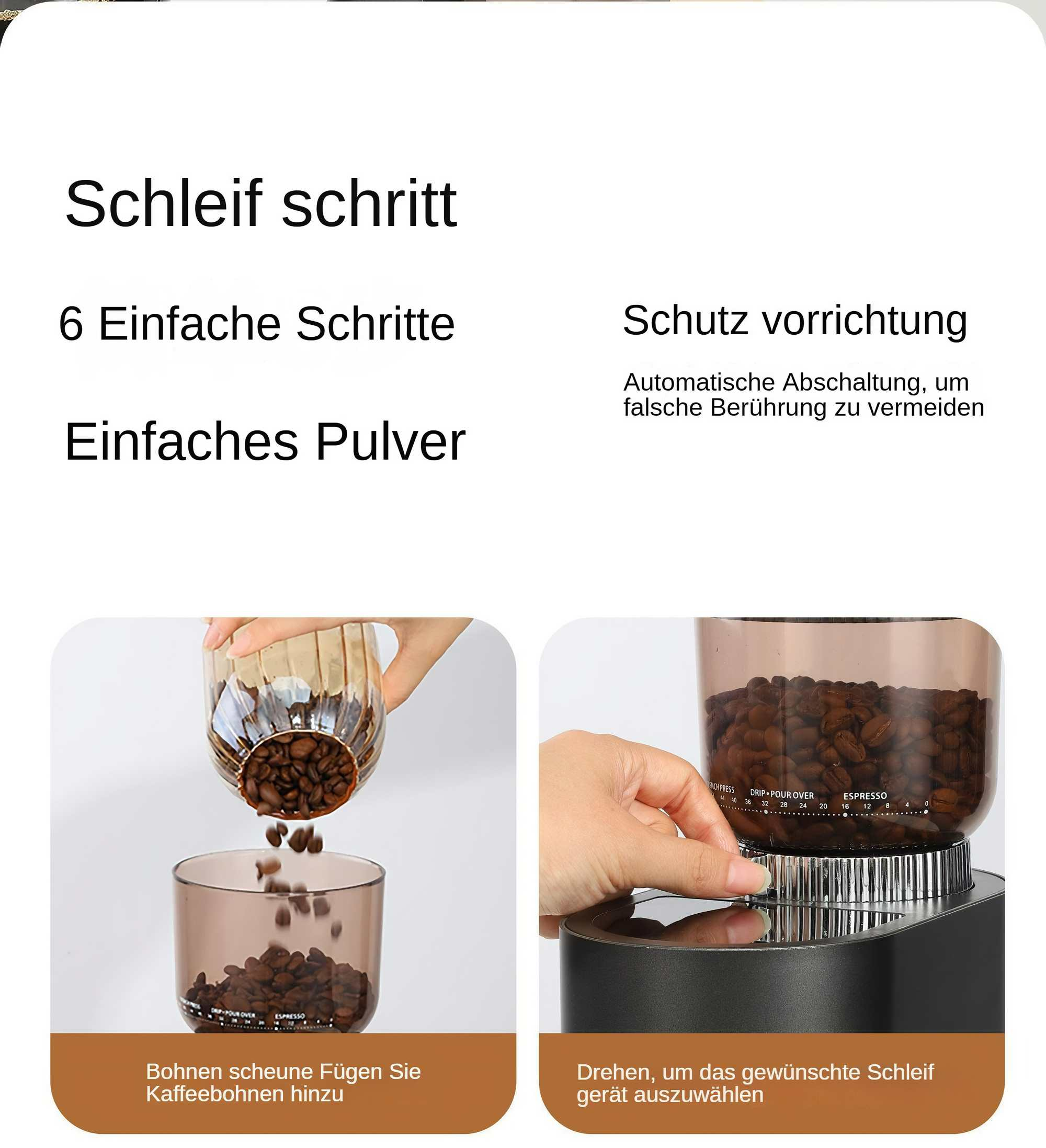 Das Bild zeigt Schritte des Kaffeemahlens. Bohnen werden eingefüllt und die Mahleinstellung angepasst. Text auf Deutsch.