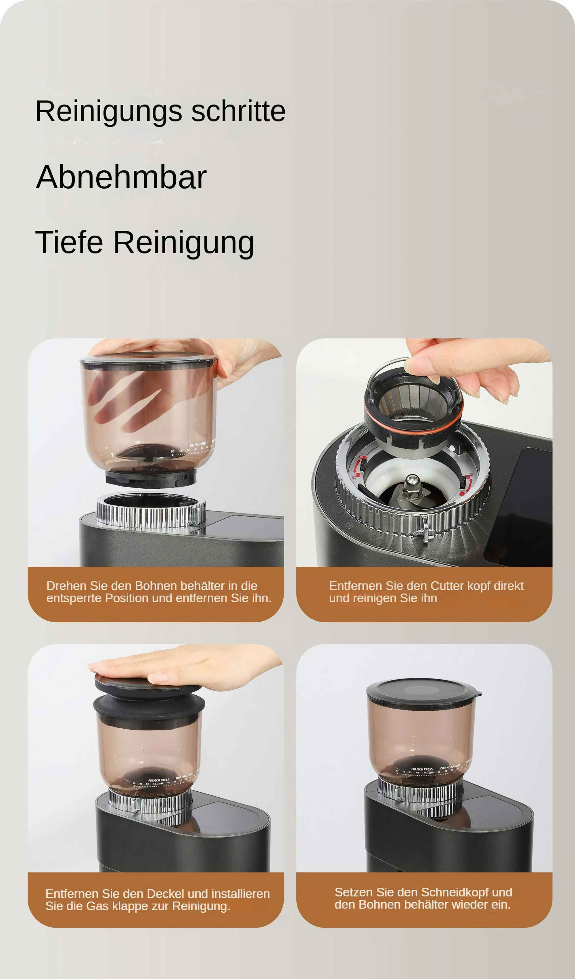 Das Bild zeigt die Reinigungsschritte des Kaffeemahlers. Hände zerlegen Teile. Der Text auf Deutsch zeigt Anweisungen.