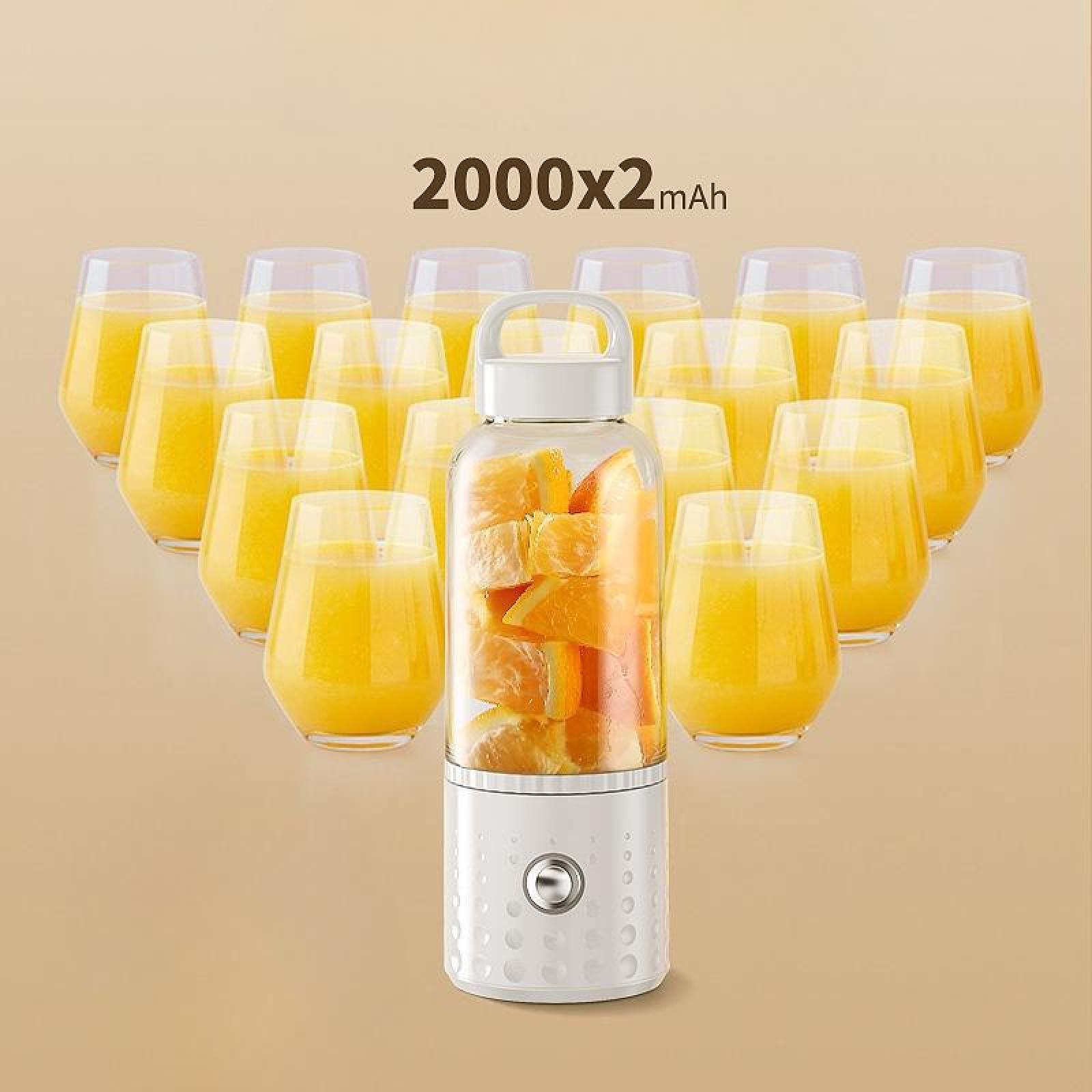 Das Bild zeigt einen Mixer mit Orangen und Gläsern mit Orangensaft. Oben steht 2000x2mAh.